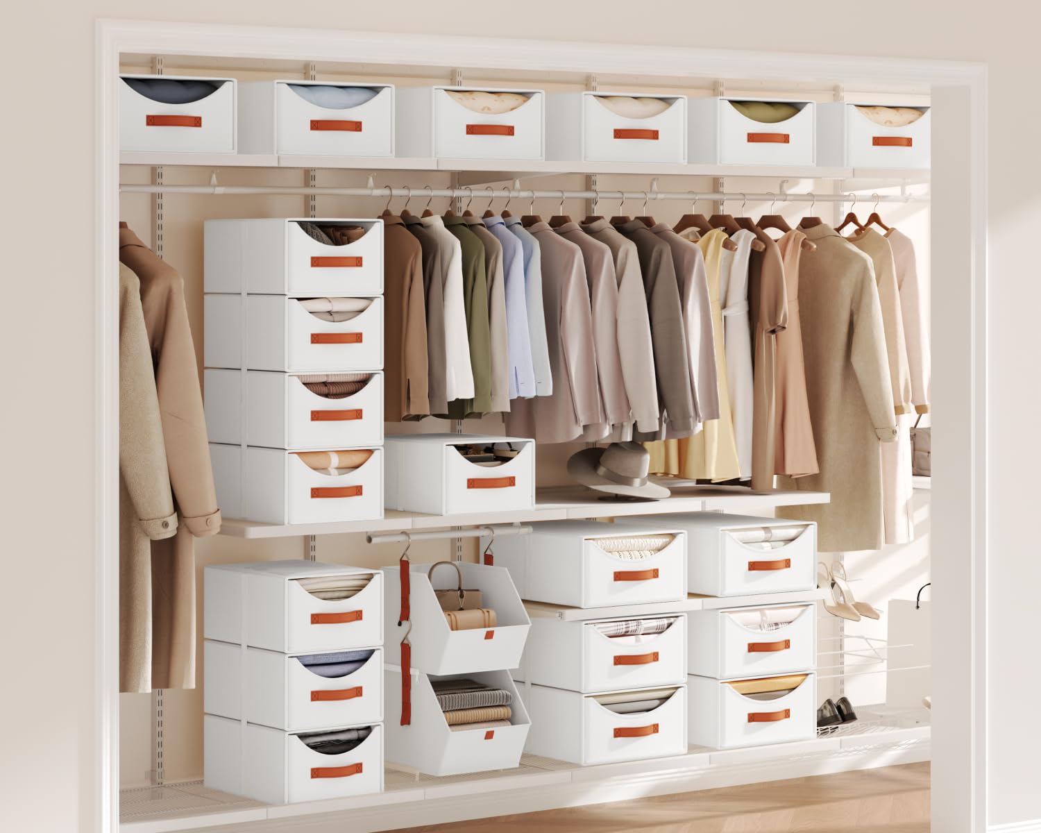 Homsorout Stackable Storage Drawers - Collapsible Storage Bins with Drawers, 4 Pack Closet Shelf Organizer Basket, Fabric Pull Out Organizer for Bedroom, Living Room, Dorm, Beige