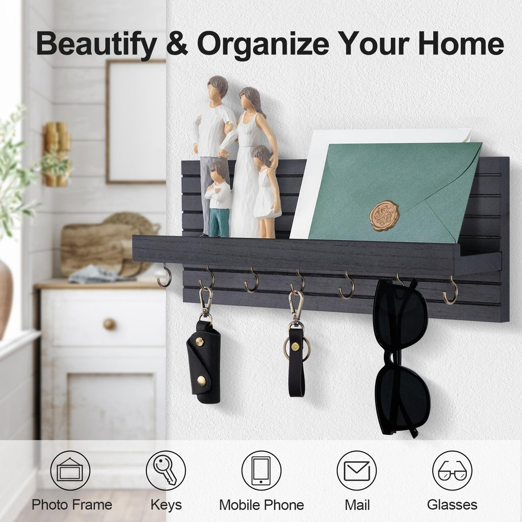 Decorative Key Holder for Wall with Shelf, Entryway Shelf with Hooks Holds Leashes, Jackets and Glasses – Sturdy Wood Keyholder Entrance Hanger with Mounting Hardware (Black, Medium)
