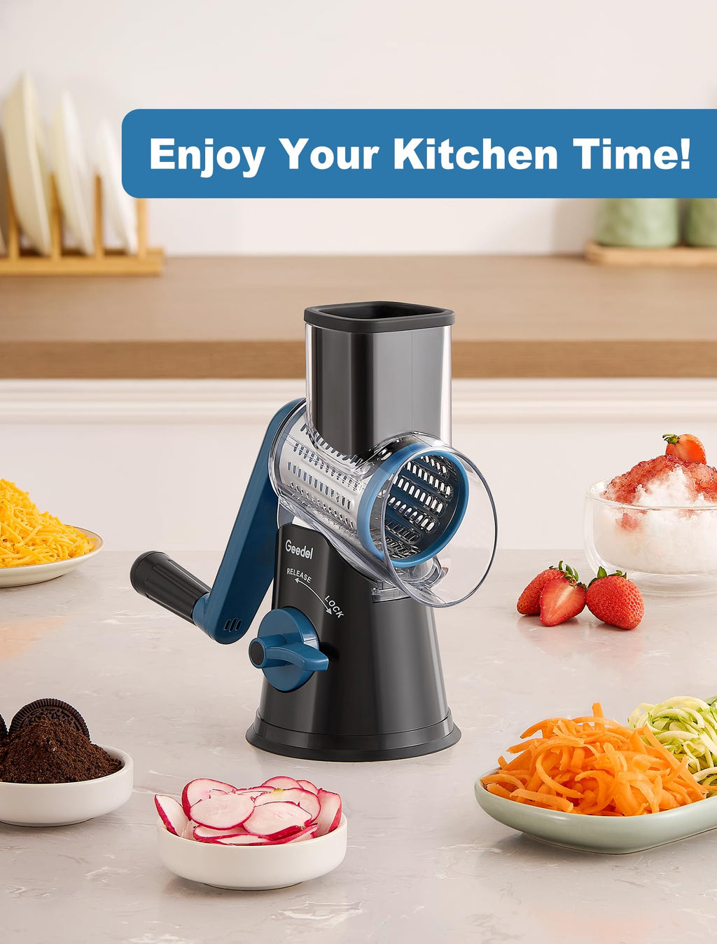Geedel Rotary Cheese Grater, Kitchen Mandoline Vegetable Slicer with 3 Interchangeable Blades, Easy to Clean Rotary Grater Slicer for Fruit, Vegetables, Nuts