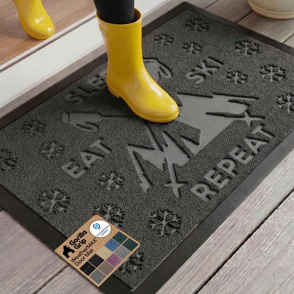 GORILLA GRIP 100% Waterproof All-Season WeatherMAX Doormat US Designed Natural Rubber, Stain Fade Resistant, Low Profile Indoor Outdoor Front Door Mats Outside Entrance, Easy Clean 29x17 Gray Diamond