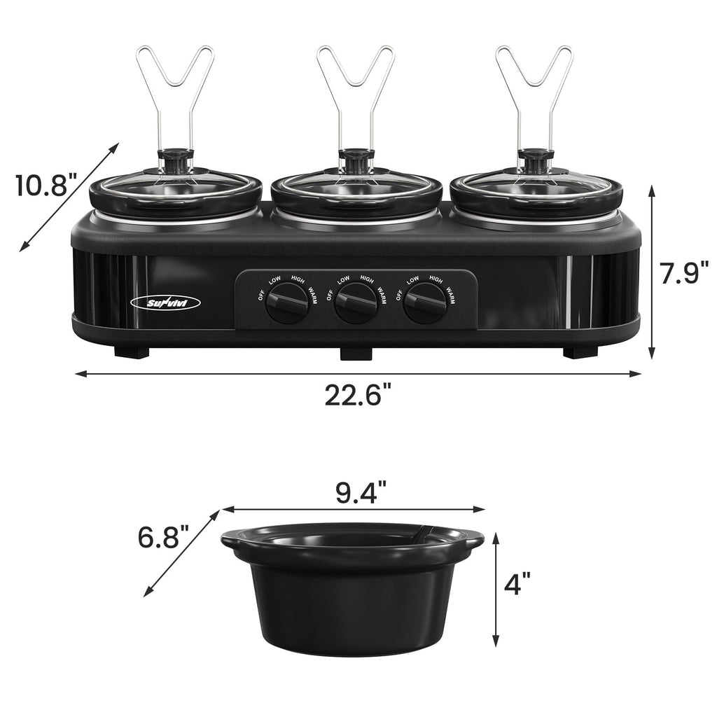 SUNVIVI Triple Slow Cooker, Buffet Food Warmer with 3 x 1.5 QT Removable Ceramic Pots, Buffet Servers and Warmers with Glass Lids and 3 Spoons, Stainless Steel, Blue