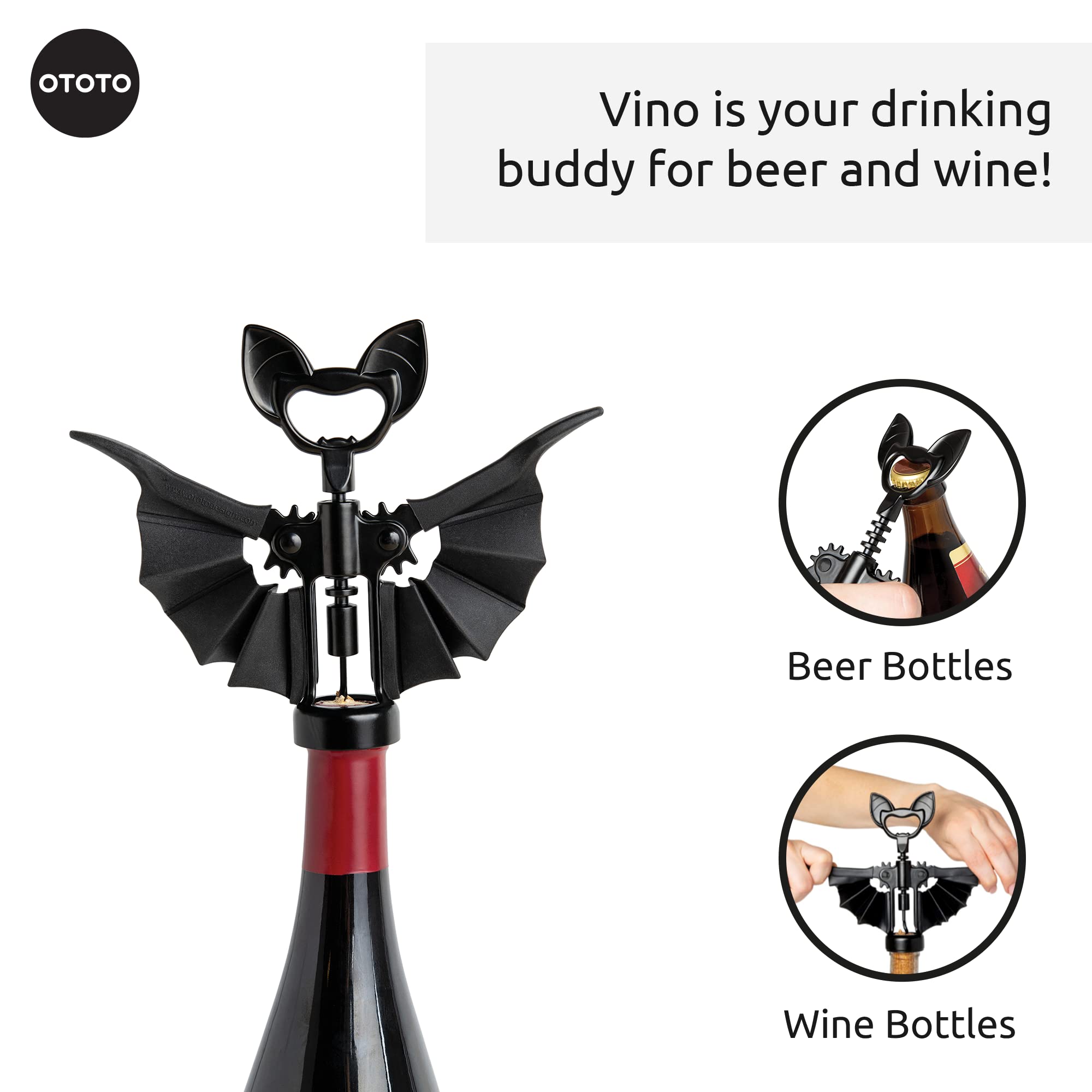 OTOTO Vino Spooky Bat 2-in-1 Wine & Beer Opener, Corkscrew & Bottle Opener - Goth Wine Accessories & Gifts for Wine Lovers