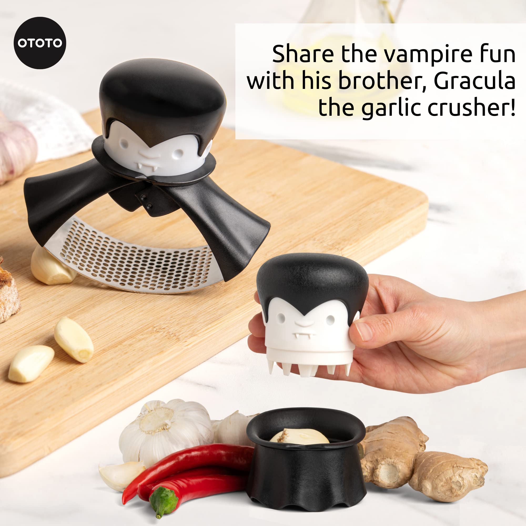 OTOTO Gracula Garlic Crusher, Garlic Mincer, Also for Ginger, Nuts, Chili, Herbs - Twist Top Mincer & Easy Squeeze Manual Press Peeler, Goth Gifts