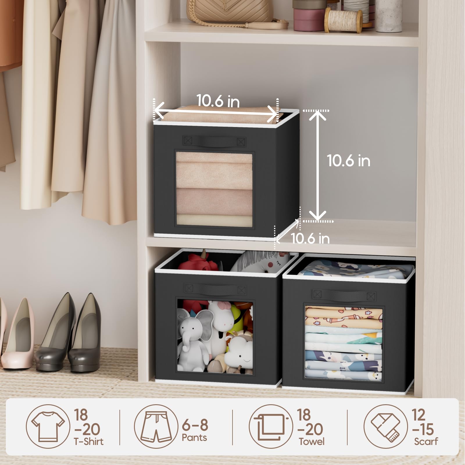 Homsorout Storage Cube 11 Inch - Cube Storage Bins with Window, Closet Storage Baskets with Handle, Fabric Bins for Closet, Shelves, Toys, Clothes, Set of 6, Grey