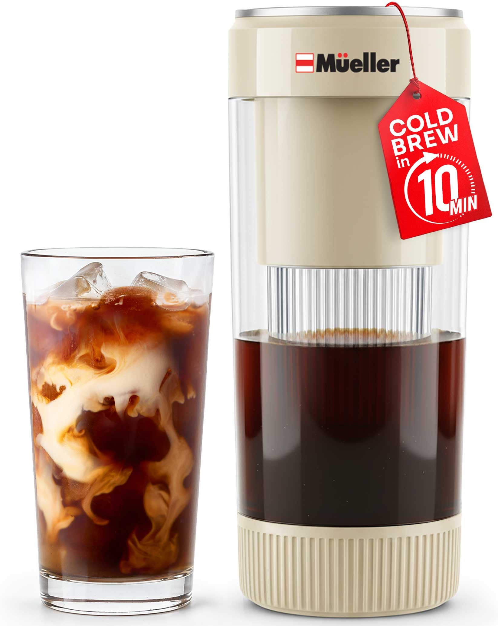 Mueller RapidBrew Cold Brew Iced Coffee Maker – 10 Min Fast Brew Portable Rechargeable Cold Brew Machine for Coffee & Tea – Adjustable Strength 10-99 Min – 20 Servings Per Charge, Black Coffee