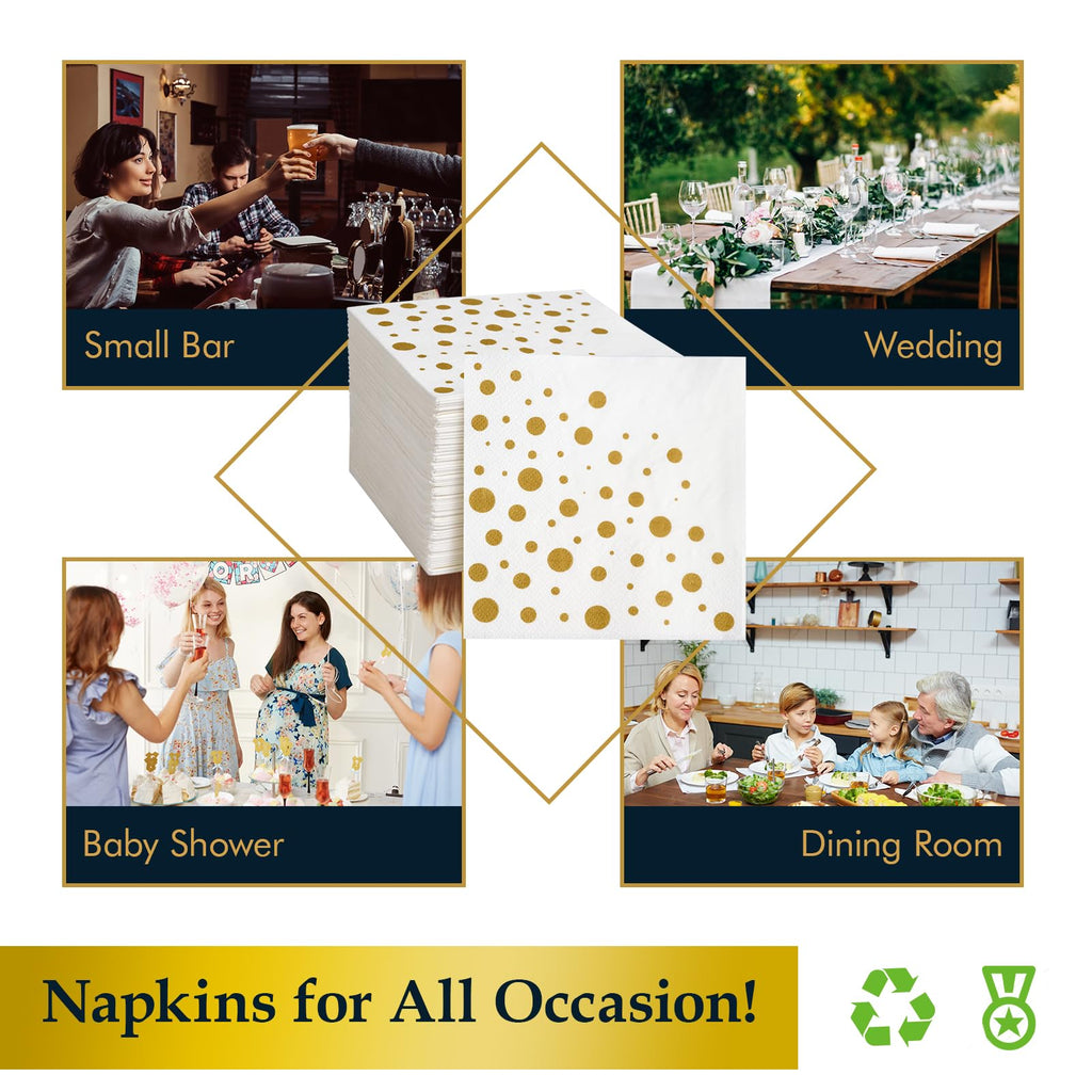 Vplus 200 Pack Cocktail Napkins Paper, 3-Ply Beverage Napkins, Disposable Gold Square Napkins, Perfect for Restaurant, Event, Bar, Wedding, Baby Shower and Birthday Party