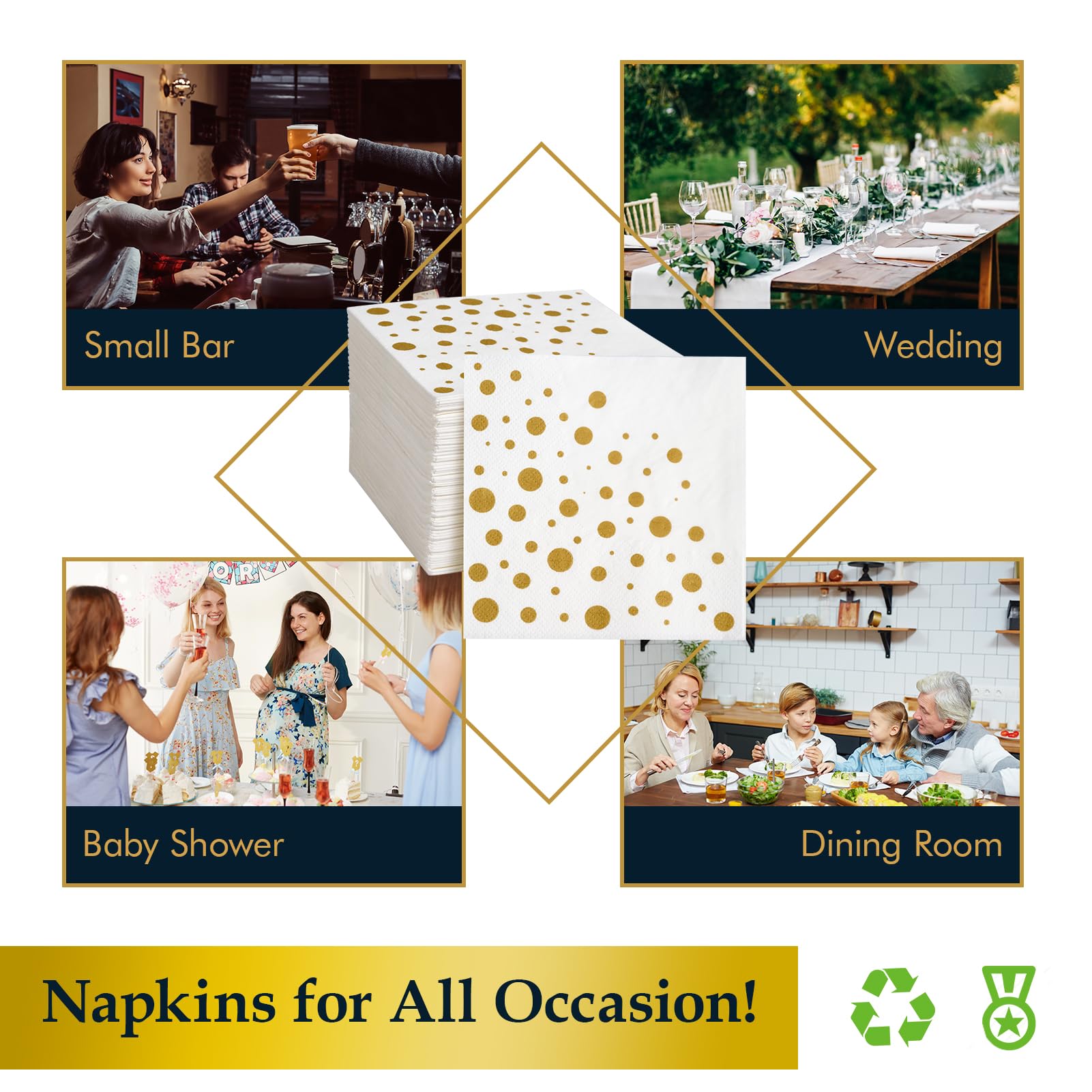 Vplus 200 Pack Cocktail Napkins Paper, 3-Ply Beverage Napkins, Disposable Gold Square Napkins, Perfect for Restaurant, Event, Bar, Wedding, Baby Shower and Birthday Party