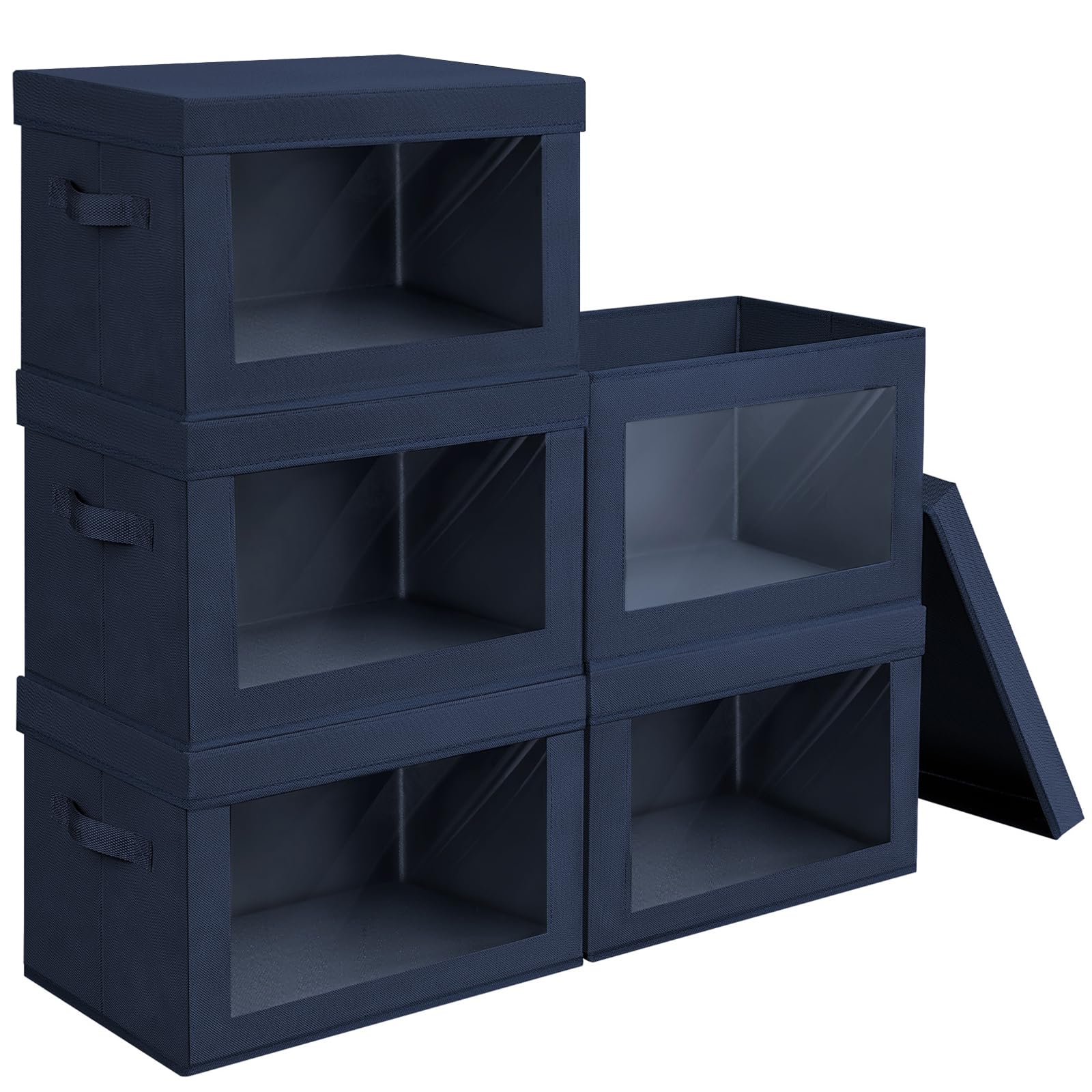 Homsorout Storage Bins with Lids - Fabric Storage Boxe with Window, Collapsible Closet Organizers with Handles, 3 Pack Decorative Bin, Home Cubes Baskets for Clothes, Hat, Books, Dark Grey