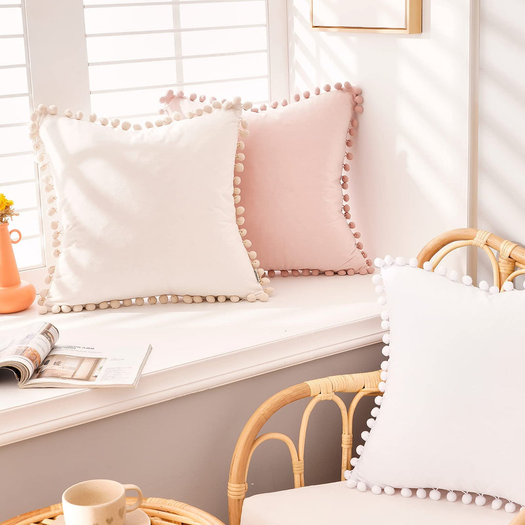 Top Finel Blush Pink Throw Pillow Covers 18x18 Inches for Couch Aesthetic Decorative Sofa Pillow Covers Set of 2 Soft Velvet Cushion Cover Pillow Cases with Pom-poms for Bedroom Livingroom Office Car