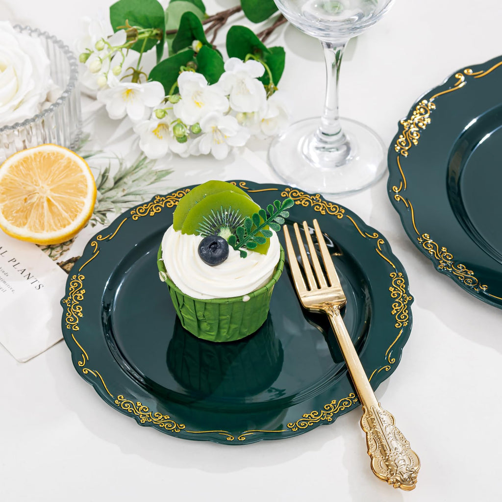 DaYammi 150Pcs Ivory Plastic Plates with Gold Rim,Disposable Plastic Plates Include 30 Dinner Plate,30 Salad Plate,30 Forks,30 Spoons,30 Knives,Ivory and Gold Plates for Party,Wedding,Mother's Day