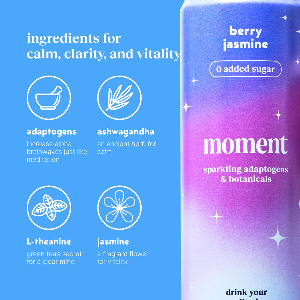 Moment Botanical Soda (Shark Tank) - Calm, Clarity & Relaxation with L-Theanine & Ashwagandha - Non Alcoholic Drinks for Adults - Sparkling Adaptogen Drink - 0 Sugar 0 Caffeine - 12 Pack 11.5 fl oz