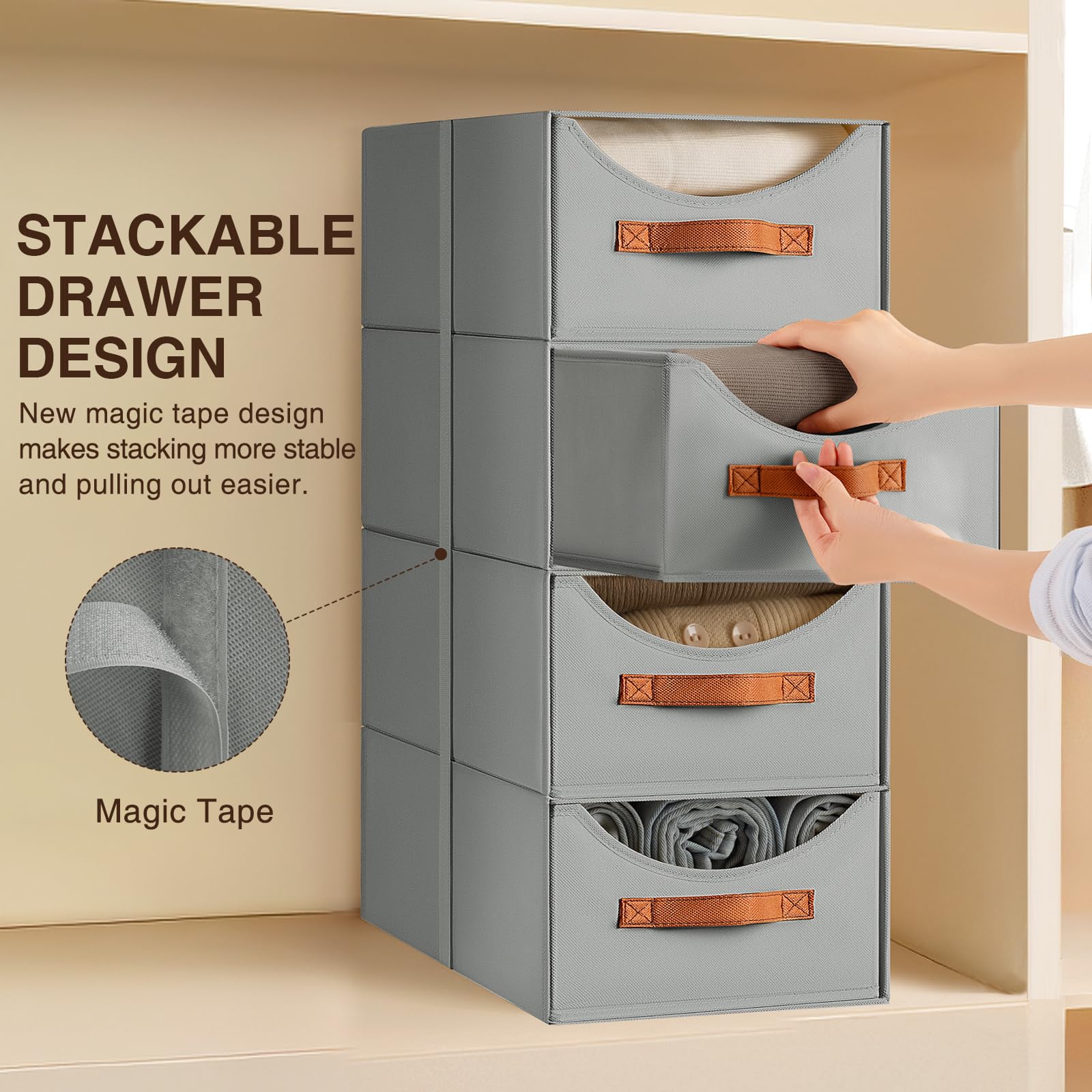 Homsorout Stackable Storage Drawers - Collapsible Storage Bins with Drawers, 4 Pack Closet Shelf Organizer Basket, Fabric Pull Out Organizer for Bedroom, Living Room, Dorm, Beige