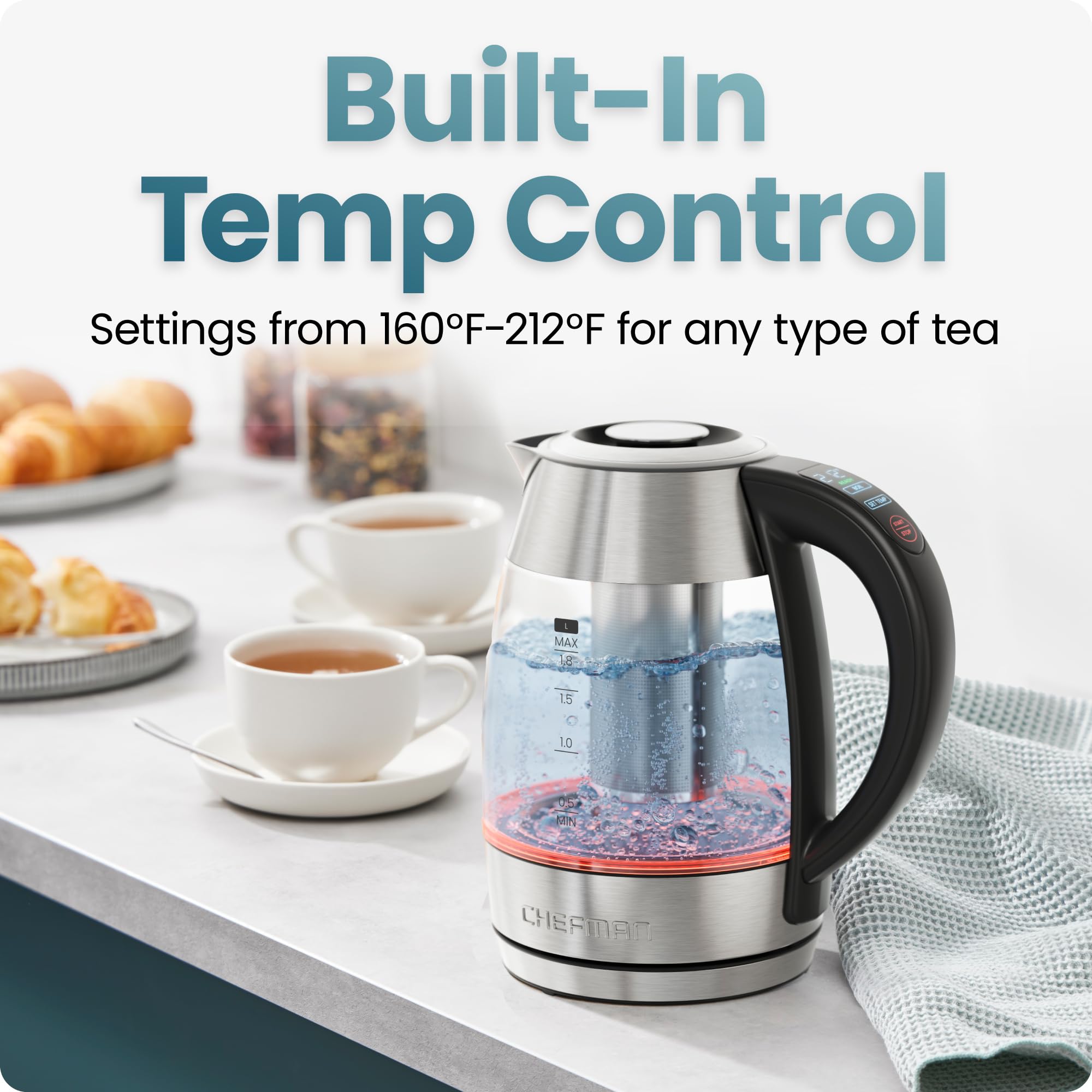 Chefman Electric Kettle, 1.8L 1500W, Hot Water Boiler, Removable Lid for Easy Cleaning, Auto Shut Off, Boil-Dry Protection, Stainless Steel Filter, BPA Free, Borosilicate Glass Electric Tea Kettle