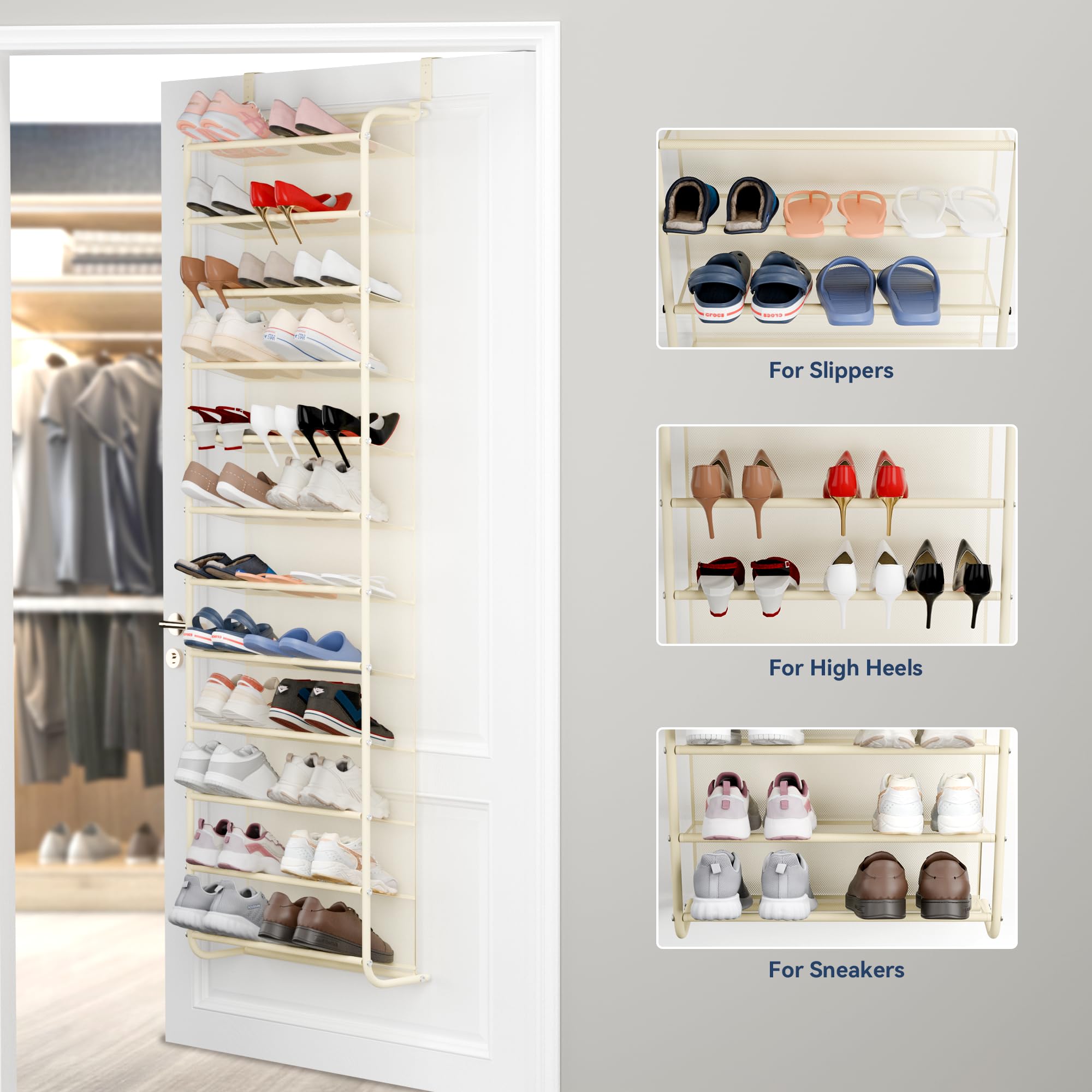 Whitmor 36 Pair Over the Door Shoe Organizer, 12 Tier Hanging Shoe Organizer, Heavy Duty Metal & Mesh Shoe Holder, Hanging Shoe Rack for Closet Organizer & Storage, 74"L x 21.7"W x 7.5"H, White