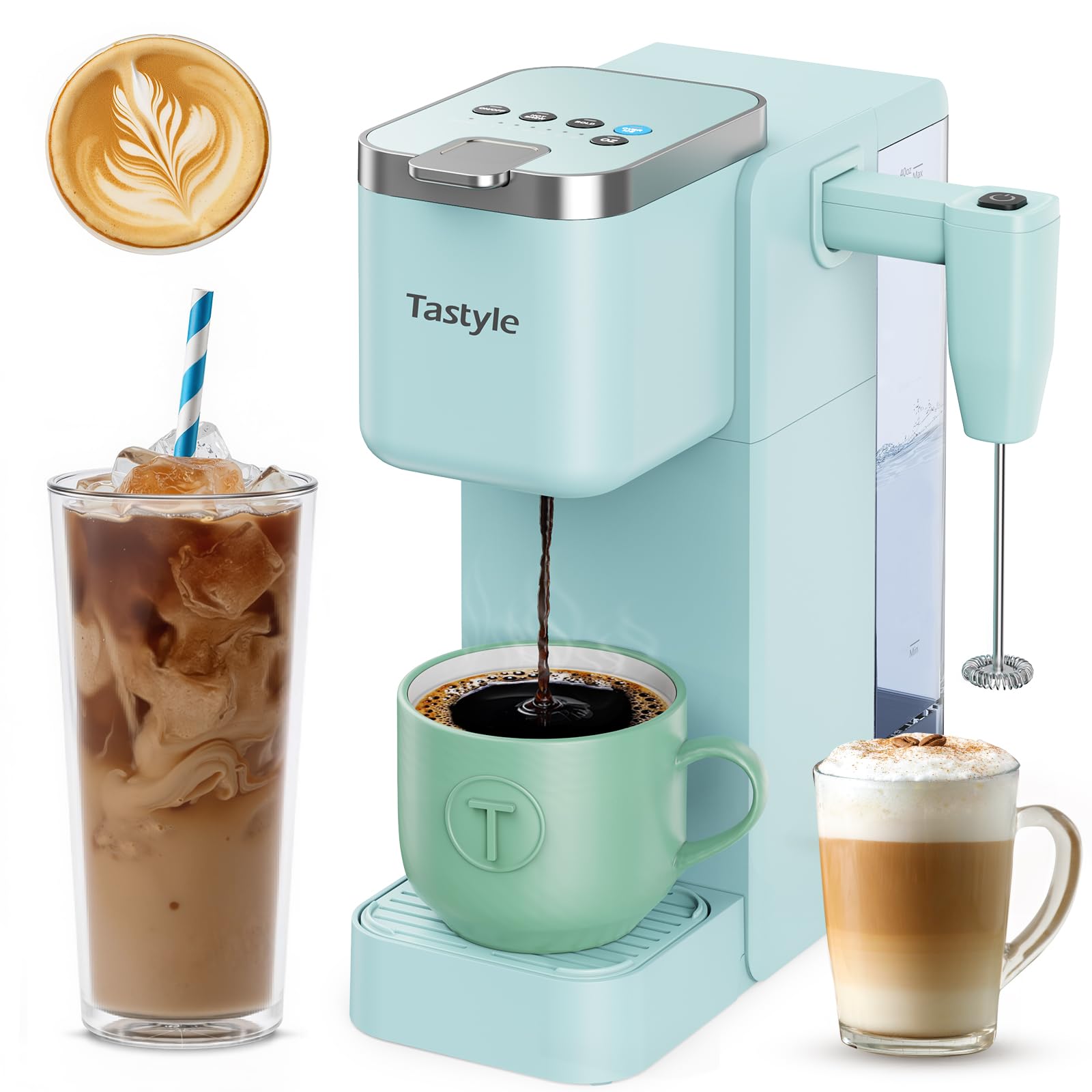 Tastyle 330MF Single Serve Coffee Maker with Built-in Detachable Milk Frother, Iced and Hot Coffee Machine for K Cup & Grounds, 40oz Removable Water Reservoir, 6 Cup Sizes, Fits 7.3" Travel Mug, Black