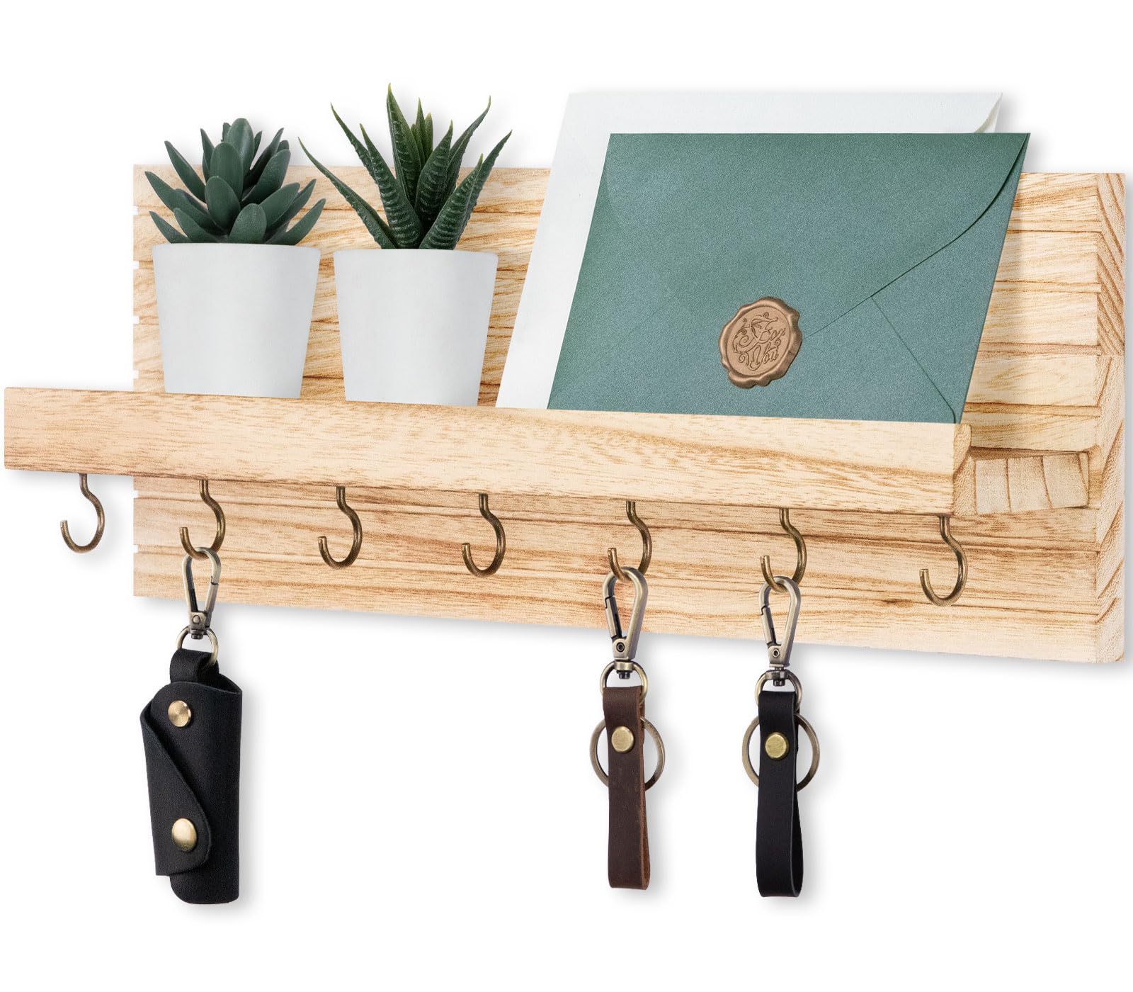 Decorative Key Holder for Wall with Shelf, Entryway Shelf with Hooks Holds Leashes, Jackets and Glasses – Sturdy Wood Keyholder Entrance Hanger with Mounting Hardware (Black, Medium)