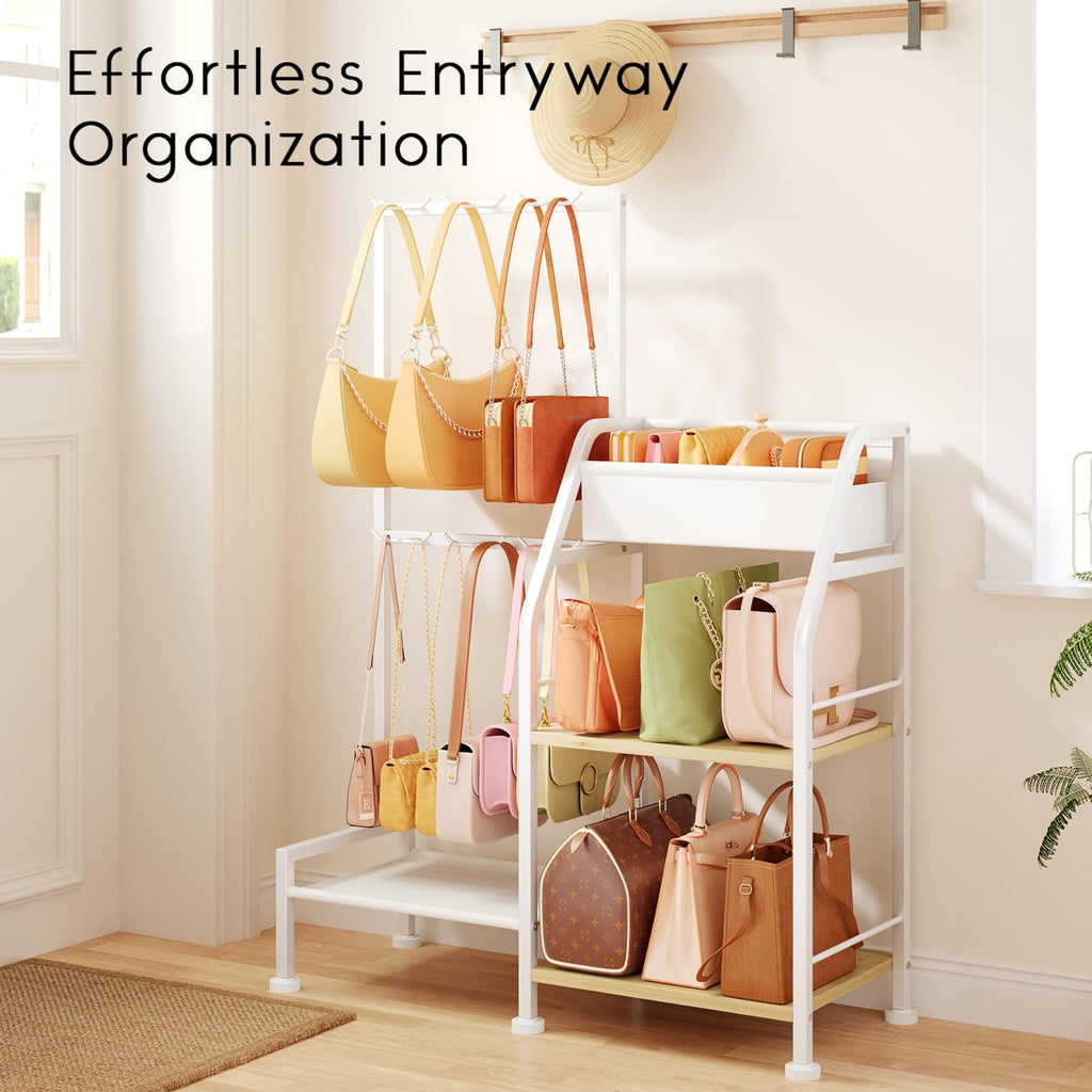 Homsorout Purse Organizer for Closet - Purse Rack Stand with 12 Hooks, 2 Wooden Shelves Purse Storage for Closet, Large Capacity Backpack Storage, Handbag Organizer for Home, Living Room, Black