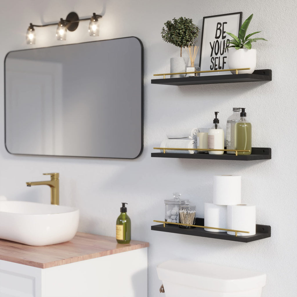 WOPITUES Floating Shelves with Black Metal Guardrail, Shelves for Wall Decor Set of 3, Wall Shelves for Bedroom, Bathroom, Kitchen, Living Room, Plants, Picture Frames, Art- Black