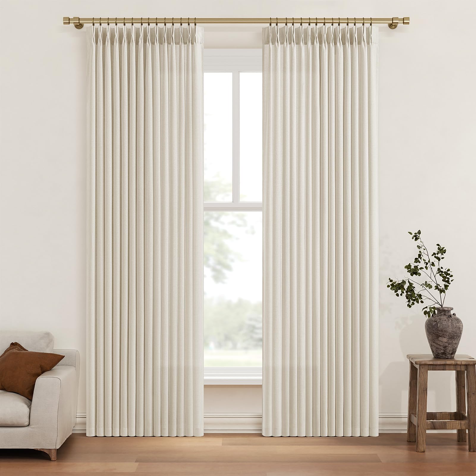 Pinch Pleated Linen Curtains 96 Inches Extra Long Olive Green Drapes, Thick Linen Light Filtering Memory Trained Pleat Curtain for Living Room and Bedroom Privacy 2 Panels Texture with Back Tab