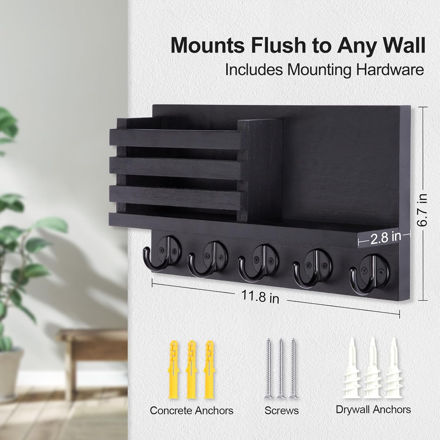 Key Holder for Wall – Decorative Wooden Mail Holder and Key Shelf with Mounting Hardware, Installation Guide – Paulownia Wood with 5 Metal Key Hooks (11.8” x 6.7” x 2.8”)