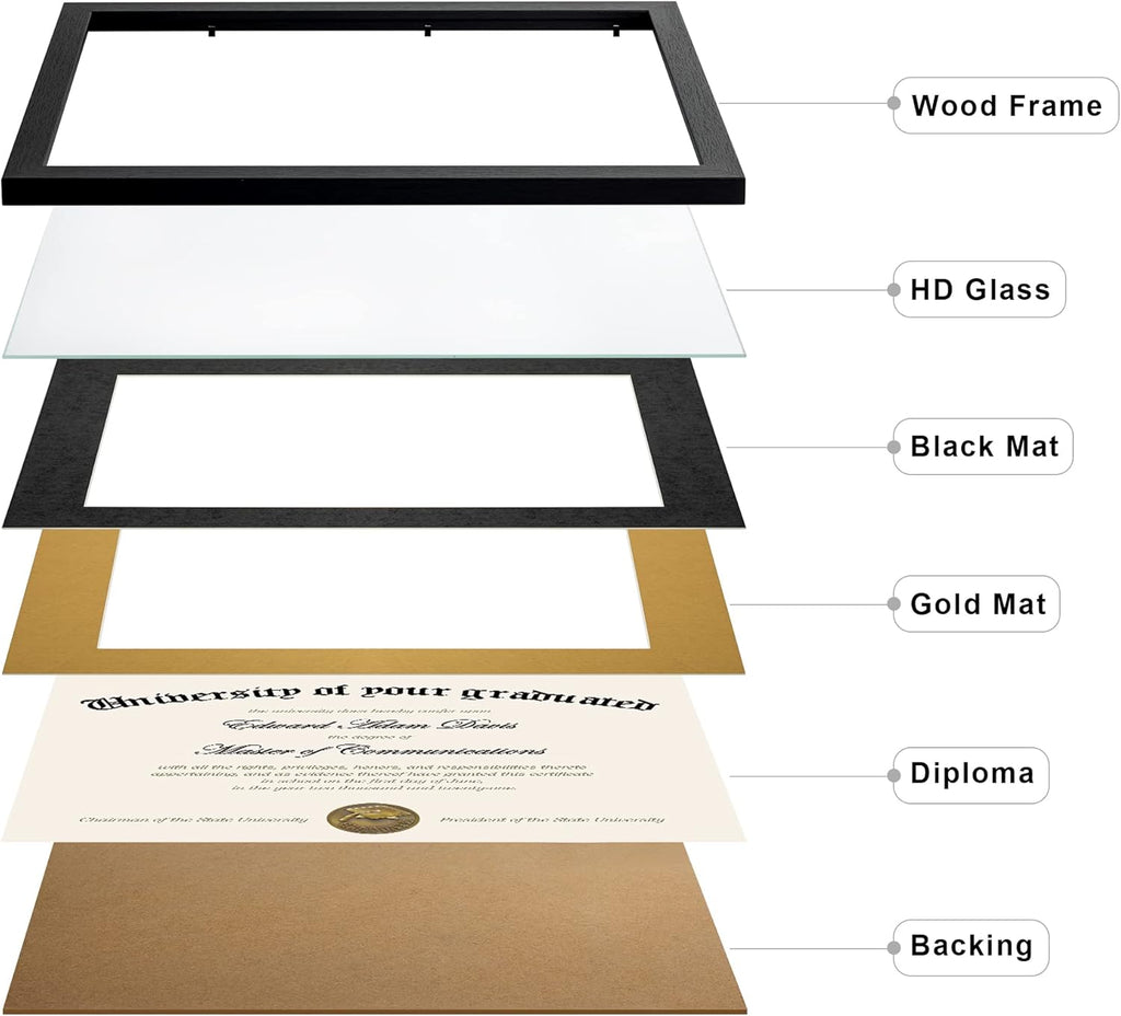 upsimples 11x14 Diploma Frame Certificate Degree Document Frame with High Definition Glass, 8.5 x 11 with mat for Wall and Tabletop, Black Double Mat, 1 Pack