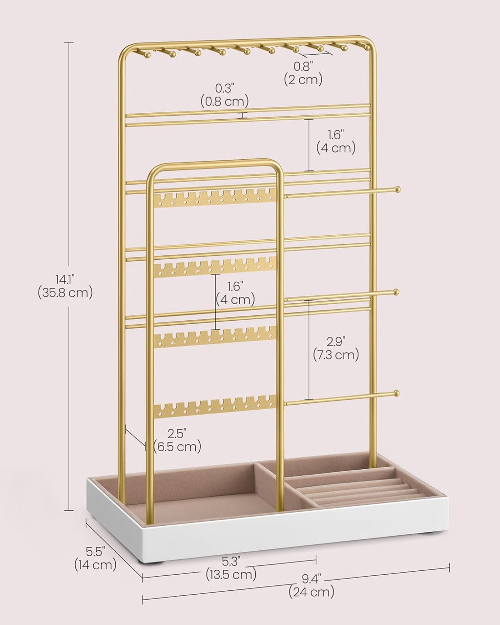 SONGMICS Jewelry Holder, Jewelry Organizer, Jewelry Display Stand with Metal Frame, Velvet Tray, Necklace Earring Bracelet Holder, for Studs, Rings, Gift Idea, Pale Gold UJJS028A01