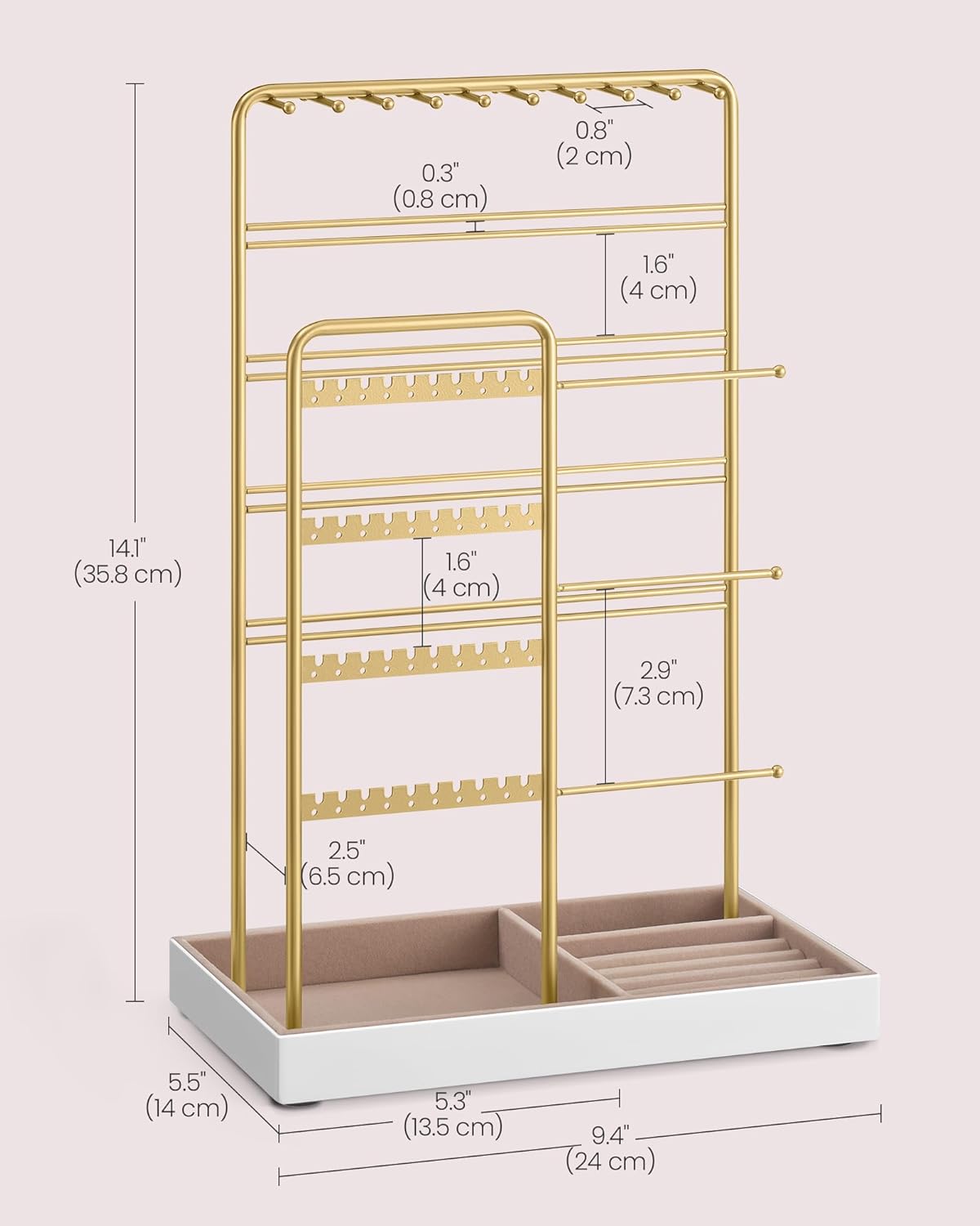 SONGMICS Jewelry Holder, Jewelry Organizer, Jewelry Display Stand with Metal Frame, Velvet Tray, Necklace Earring Bracelet Holder, for Studs, Rings, Gift Idea, Pale Gold UJJS028A01