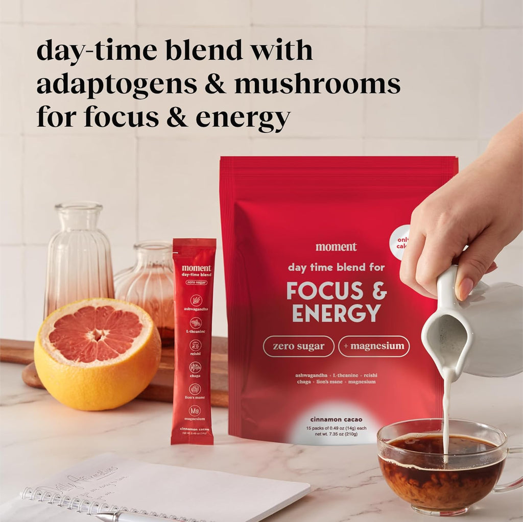 Moment Morning Energy Chai (Shark Tank) | Coffee Alternative with Cacao, Adaptogens & Mushrooms | Zero Sugar Powder | Ashwagandha, Chaga, Lions Mane, L-theanine for Focus | Keto | 15 Servings