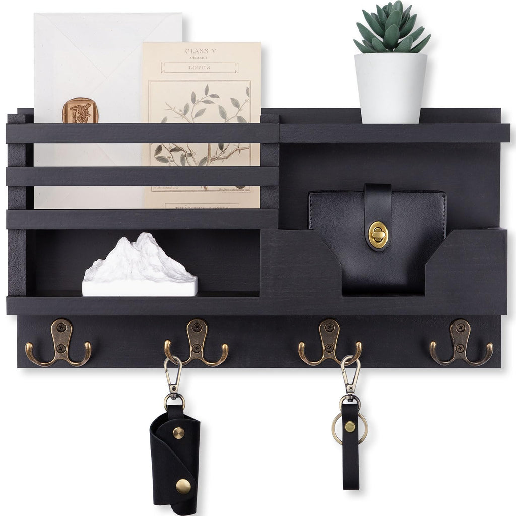 Mail and Key Holder for Wall – Decorative 15.9” x 8.7” x 3.2” Entryway Organizer with Shelf – Paulownia Wood with 4 Dual Hooks Includes Mounting Hardware and Installation Guide