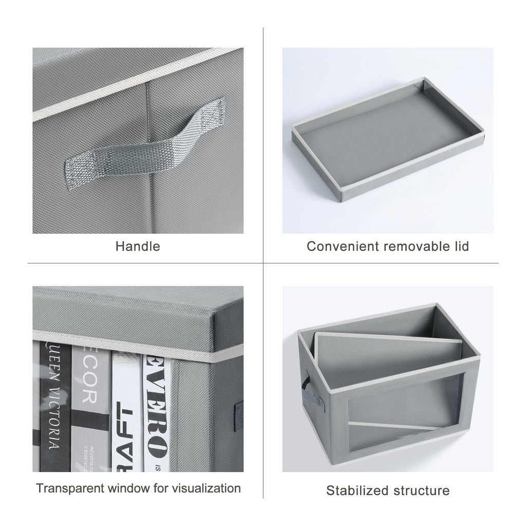 Homsorout Storage Bins with Lids - Fabric Closet Storage Bins with Window, Collapsible Baskets for Shelves 4 Pack, Home Decorative Boxes for Clothes, Closet, Office, Grey