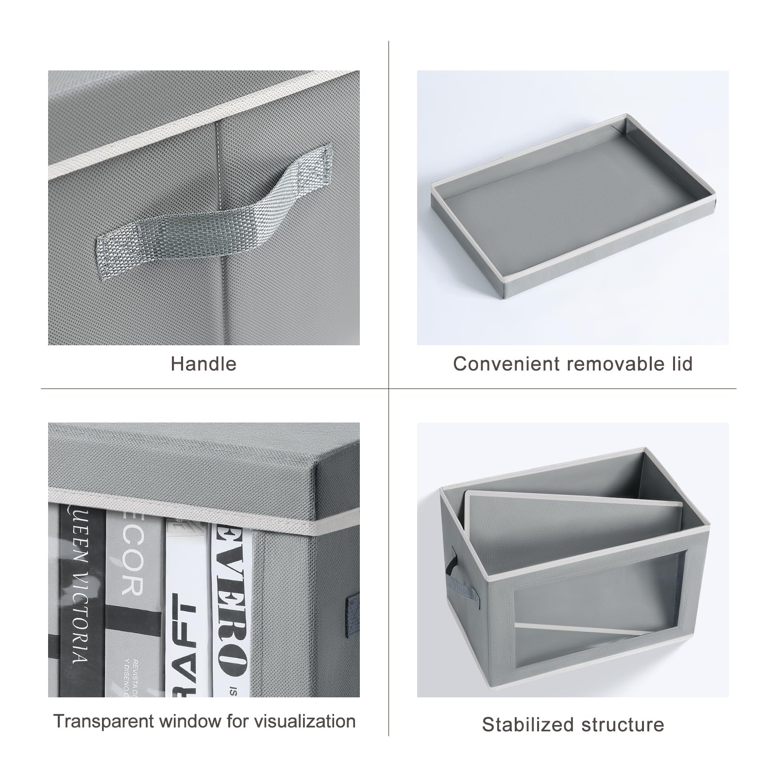 Homsorout Storage Bins with Lids - Fabric Closet Storage Bins with Window, Collapsible Baskets for Shelves 4 Pack, Home Decorative Boxes for Clothes, Closet, Office, Grey