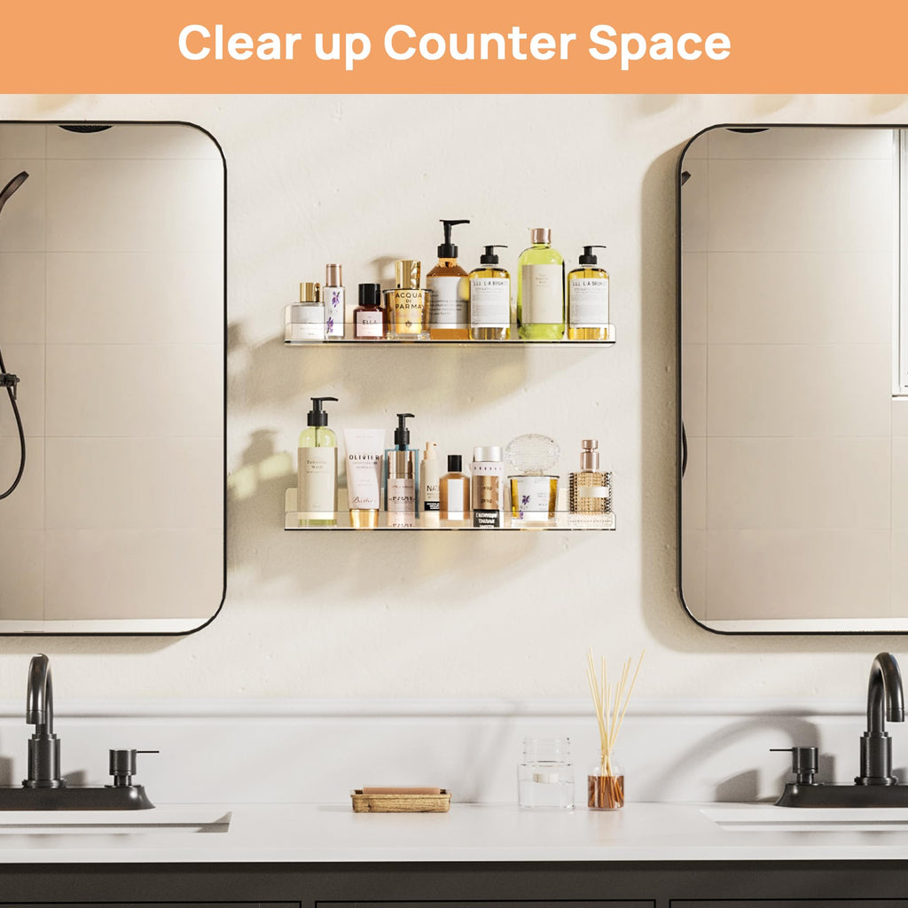 upsimples Acrylic Shelves for Bathroom Storage, 15" Floating Shelves Wall Organizer for Perfume, Make up, Skincare, Kids Bookshelf for Bedroom, Nursery, Living Room Decor, Clear, 4 Pack