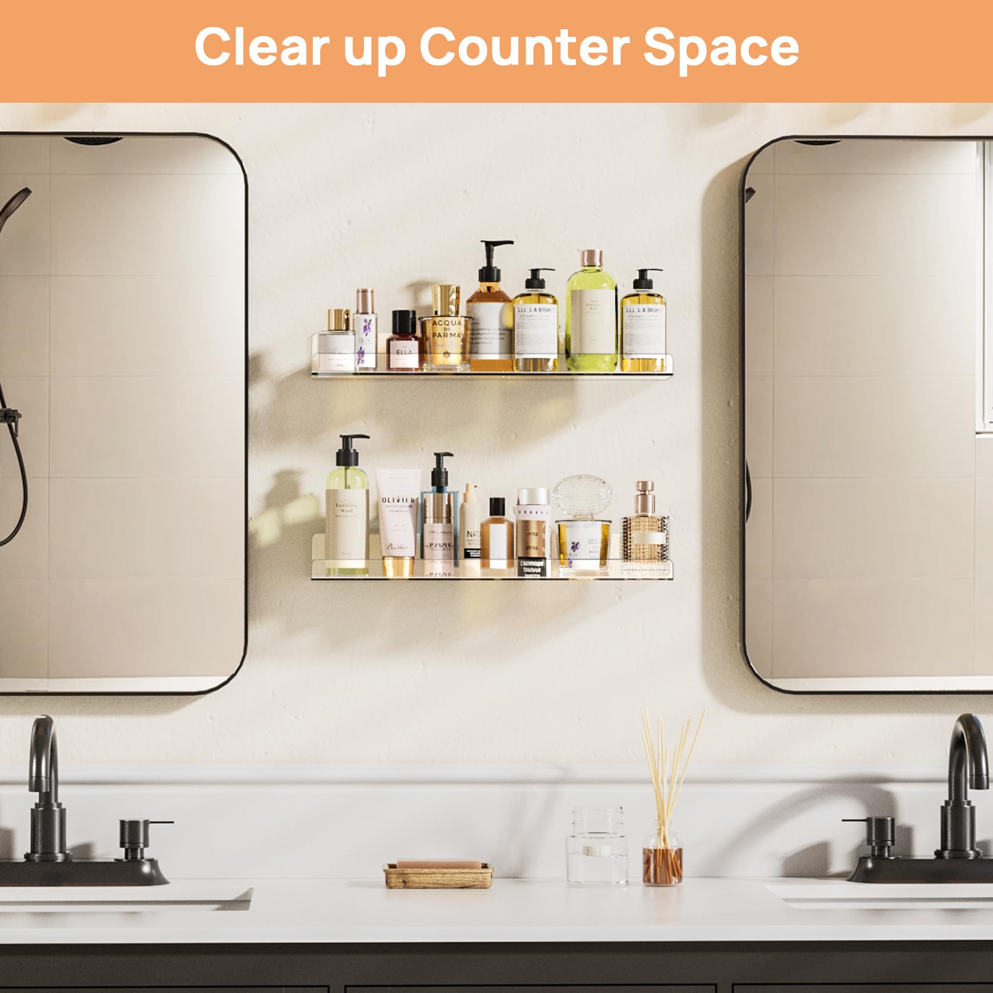 upsimples Acrylic Shelves for Bathroom Storage, 15" Floating Shelves Wall Organizer for Perfume, Make up, Skincare, Kids Bookshelf for Bedroom, Nursery, Living Room Decor, Clear, 4 Pack