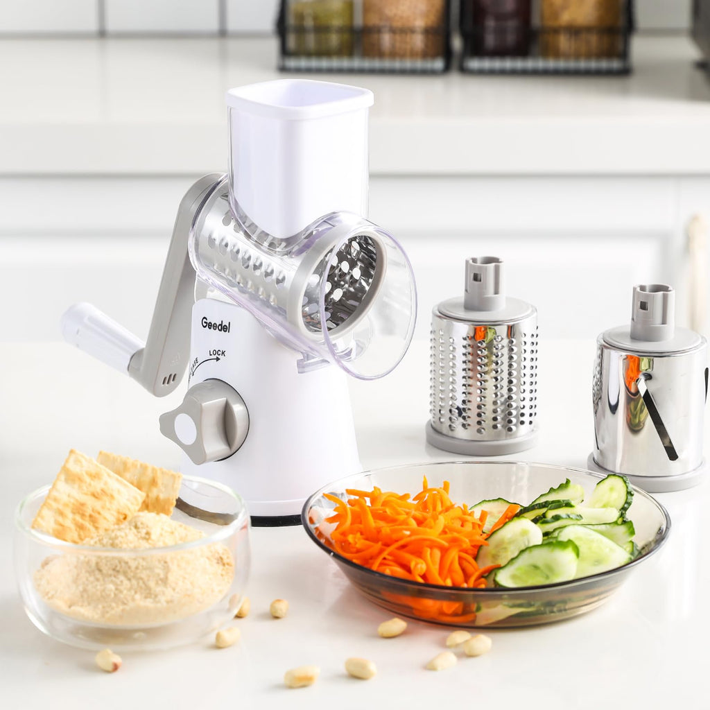 Geedel Rotary Cheese Grater, Kitchen Mandoline Vegetable Slicer with 3 Interchangeable Blades, Easy to Clean Rotary Grater Slicer for Fruit, Vegetables, Nuts