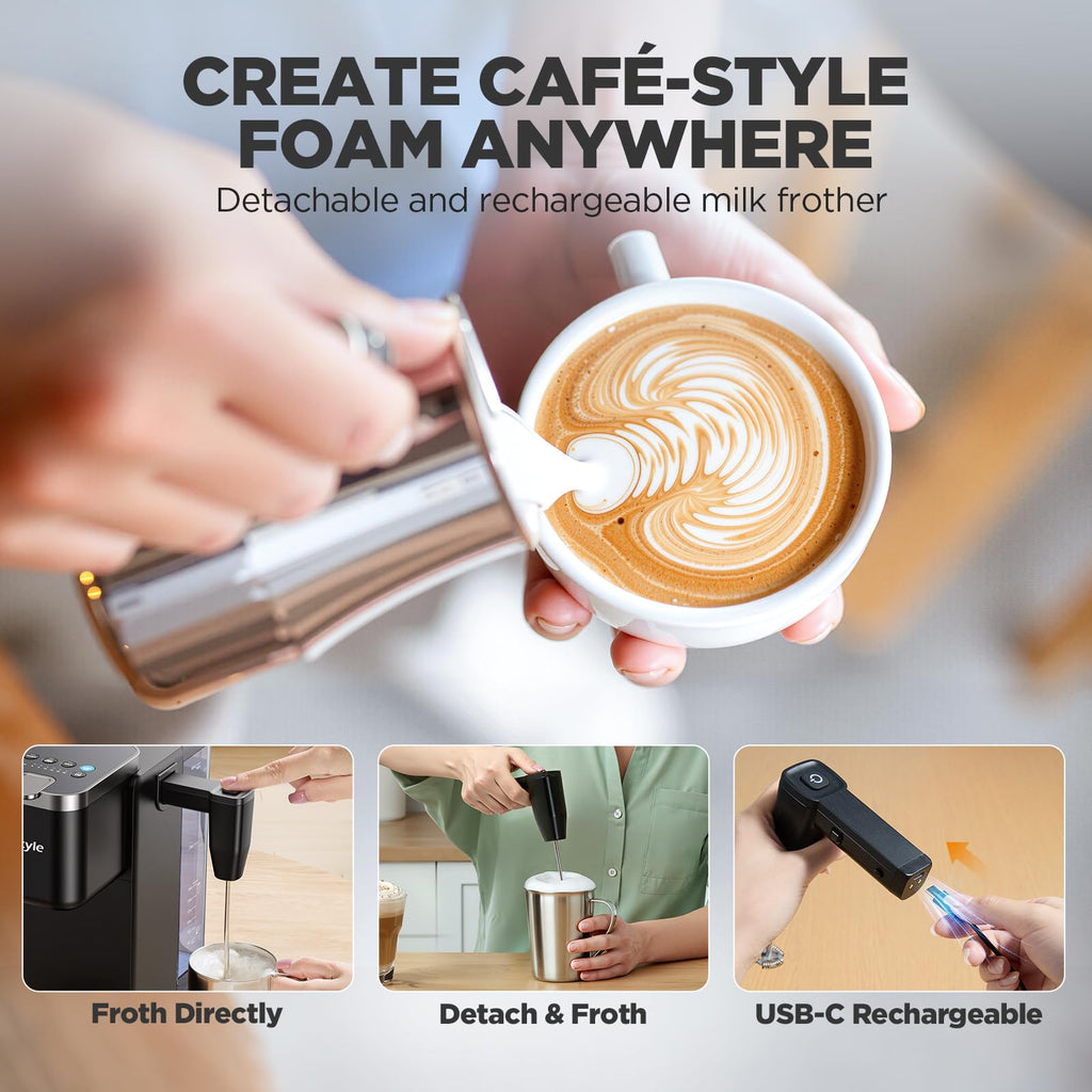 Tastyle 330MF Single Serve Coffee Maker with Built-in Detachable Milk Frother, Iced and Hot Coffee Machine for K Cup & Grounds, 40oz Removable Water Reservoir, 6 Cup Sizes, Fits 7.3" Travel Mug, Black