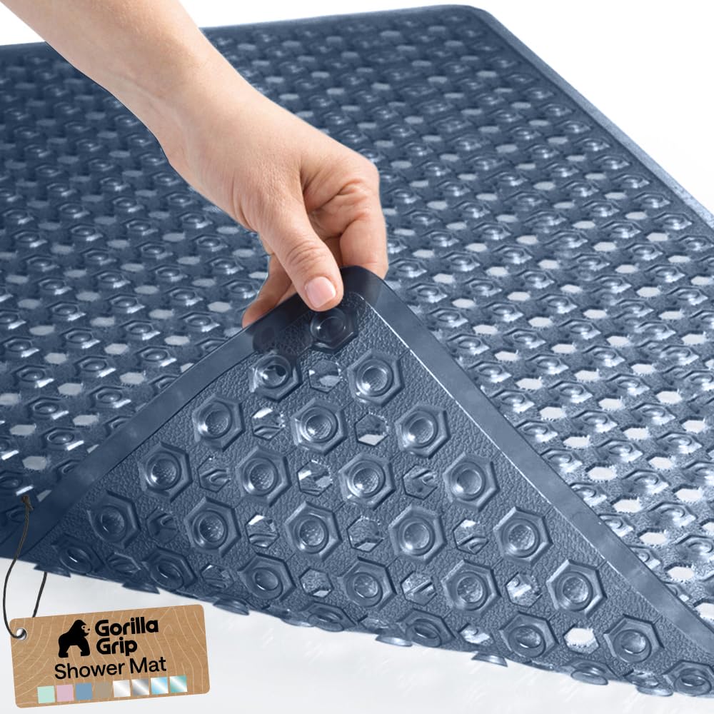 GORILLA GRIP Patented Bath Tub Shower Mat, Machine Washable Bathtub Floor Liner Mats, Suction Cups and Drain Holes to Keep Tubs Clean, Soft on Feet, Bathroom Essentials, 35x16 Inch, Clear