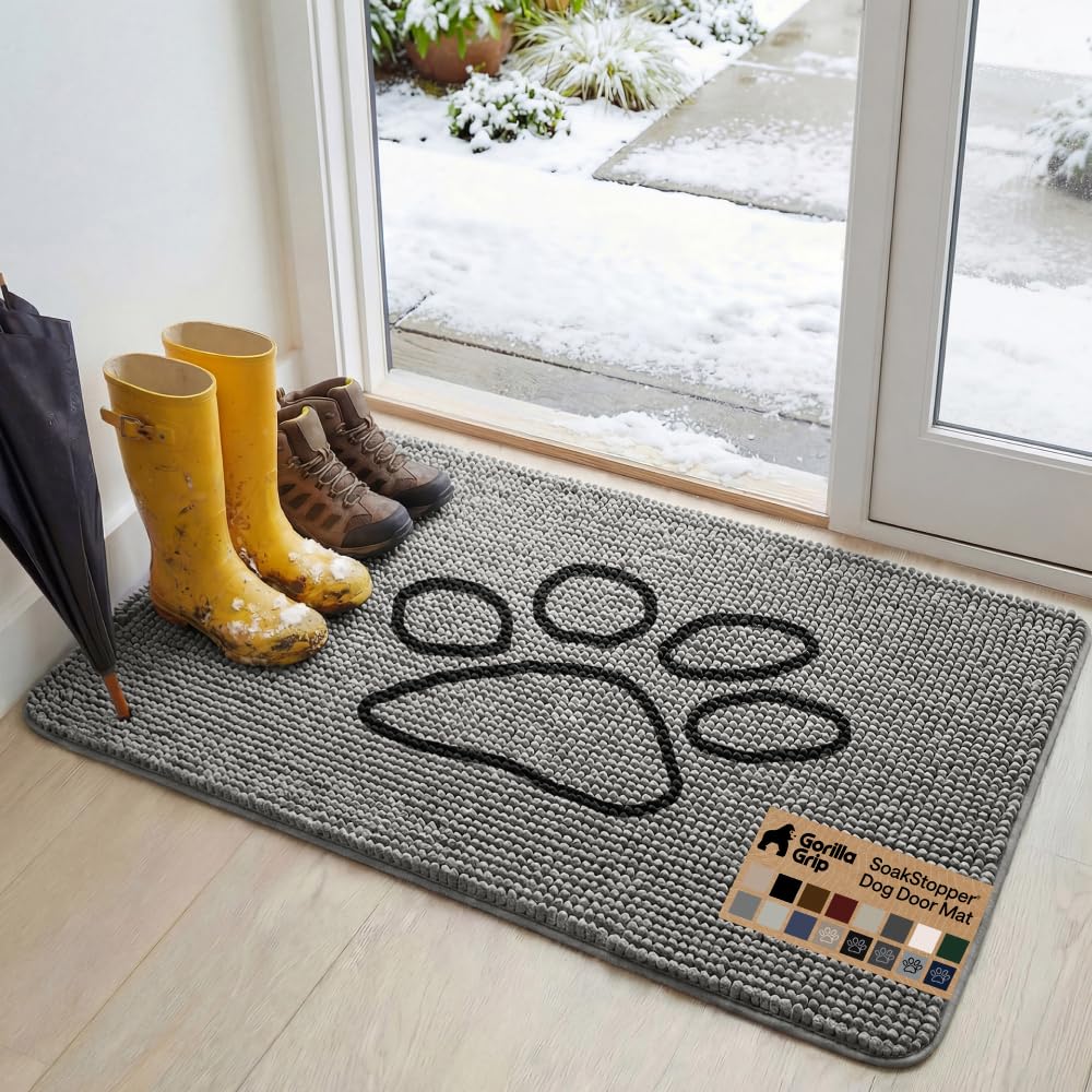 GORILLA GRIP SoakSTOPPER Dog Door Mat, Machine Washable Rug Absorbent Doormat Captures Moisture Mud Dirt, Quick Dry Soft Chenille Entryway Rugs Indoor Entrance Mats for Dog Paws, 24x17 Grey