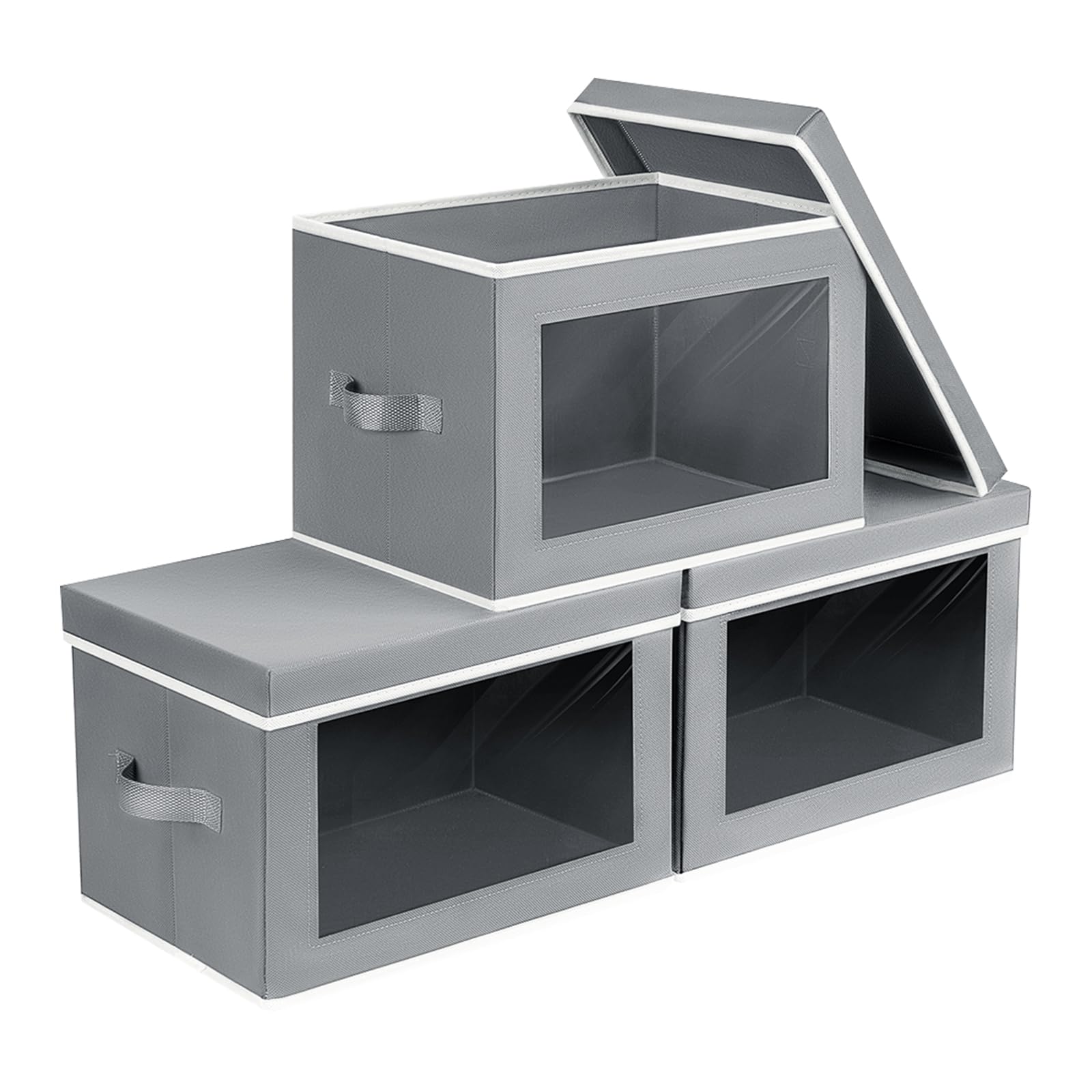 Homsorout Storage Bins with Lids - Fabric Storage Boxe with Window, Collapsible Closet Organizers with Handles, 3 Pack Decorative Bin, Home Cubes Baskets for Clothes, Hat, Books, Dark Grey