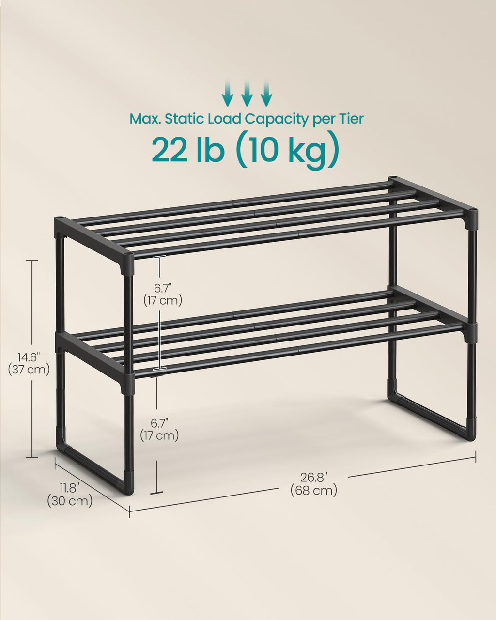 SONGMICS Shoe Rack, 3-Tier Shoe Organizer, Metal Storage Shelf, Upright or Upside Down, for 16-20 Pairs, Stackable, for Entryway, 11.8 x 36.2 x 21.7 Inches, Black ULSA303B02