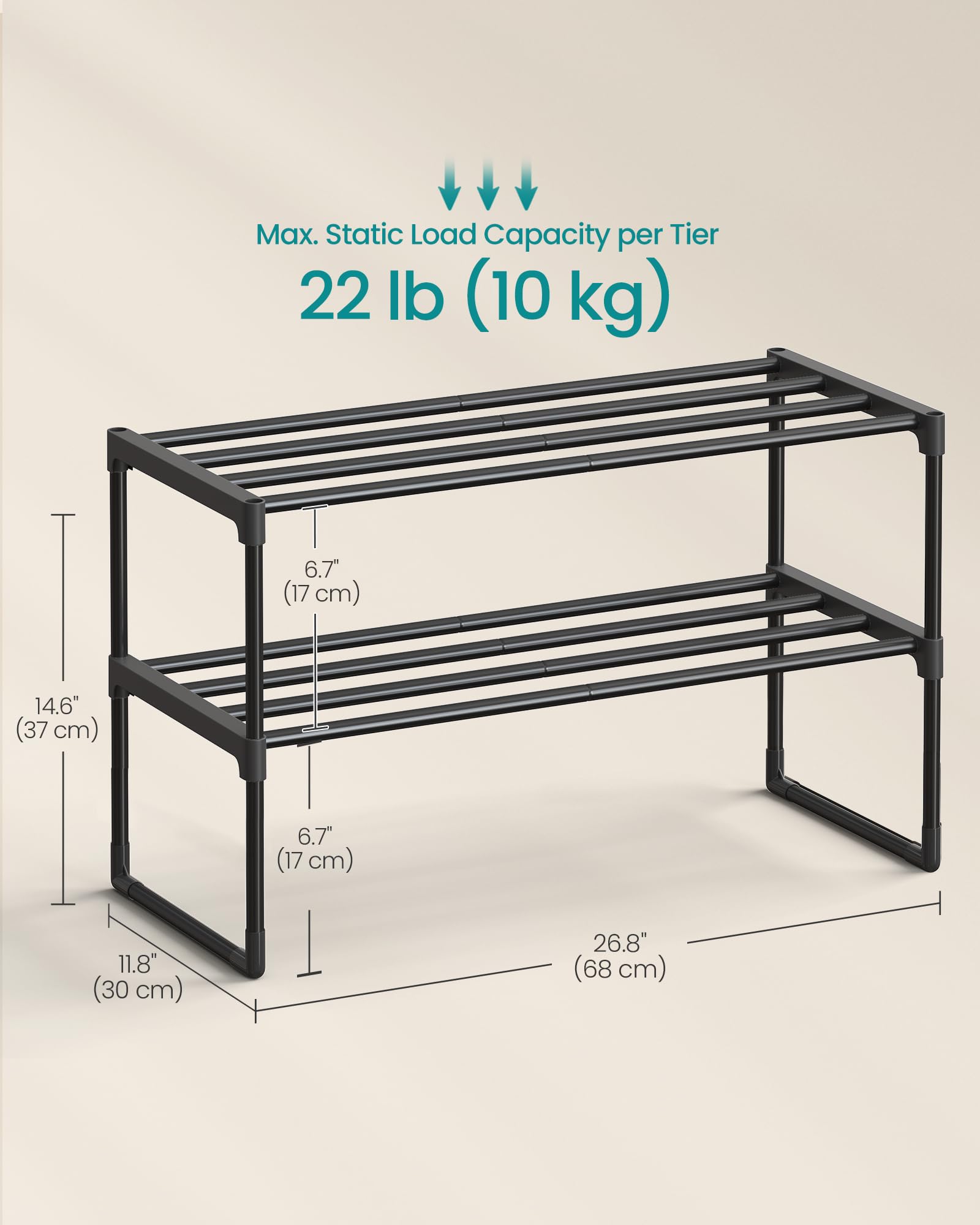 SONGMICS Shoe Rack, 3-Tier Shoe Organizer, Metal Storage Shelf, Upright or Upside Down, for 16-20 Pairs, Stackable, for Entryway, 11.8 x 36.2 x 21.7 Inches, Black ULSA303B02