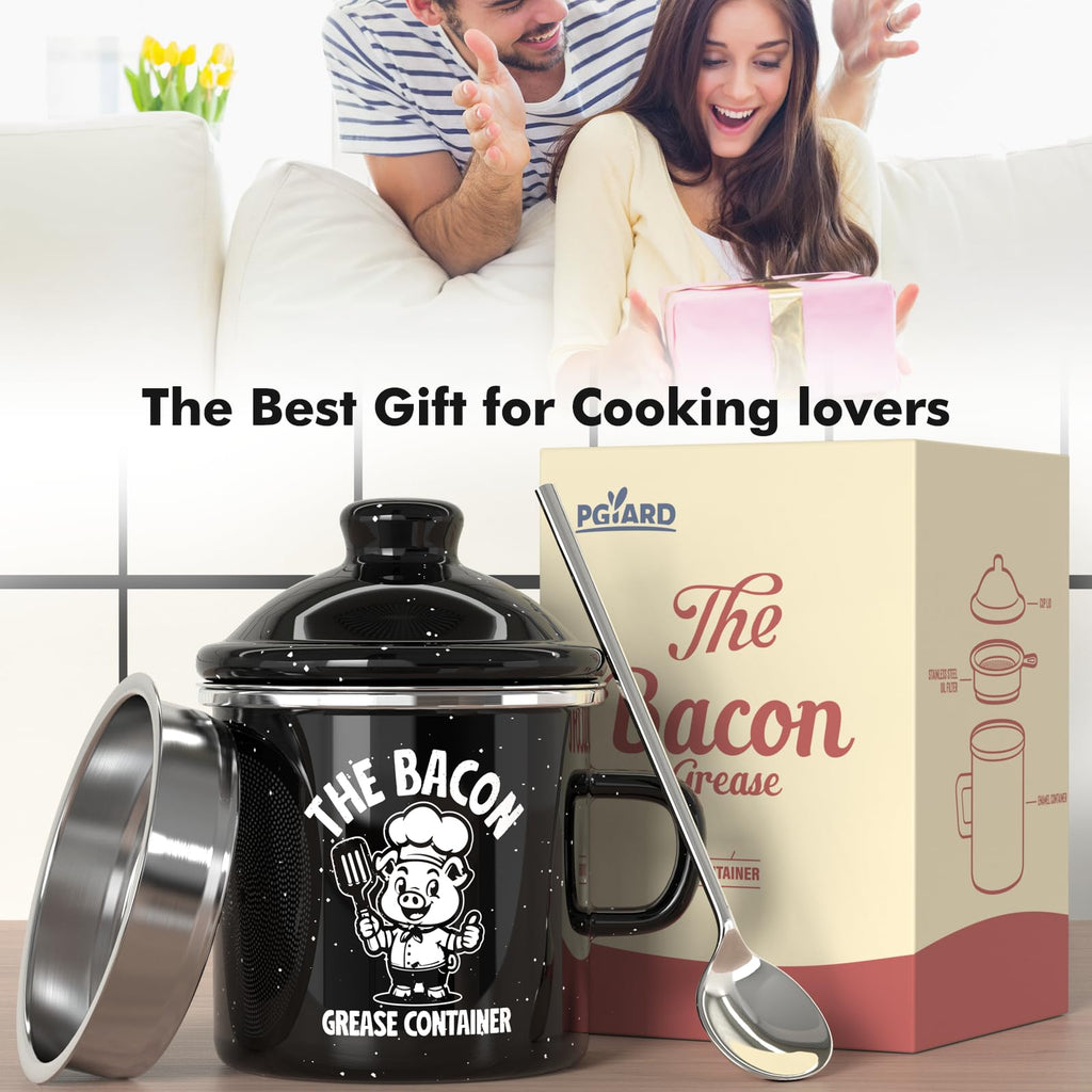 PGYARD Mini Bacon Grease Saver With Strainer - 15OZ Enamel Grease Container, Farmhouse Bacon Grease Keeper For Kitchen Fat Storage, Dishwasher Safe-Red