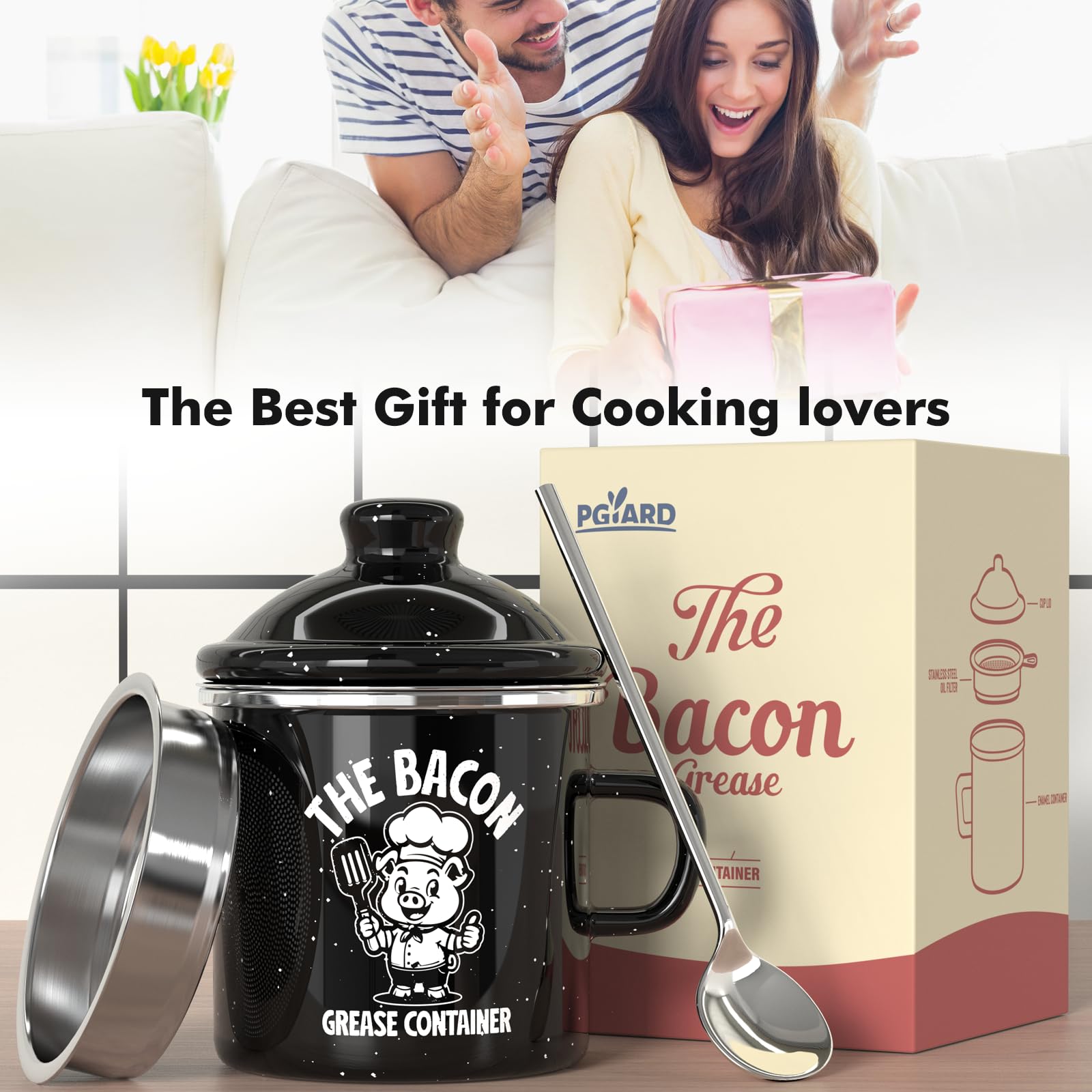 PGYARD Mini Bacon Grease Saver With Strainer - 15OZ Enamel Grease Container, Farmhouse Bacon Grease Keeper For Kitchen Fat Storage, Dishwasher Safe-Red