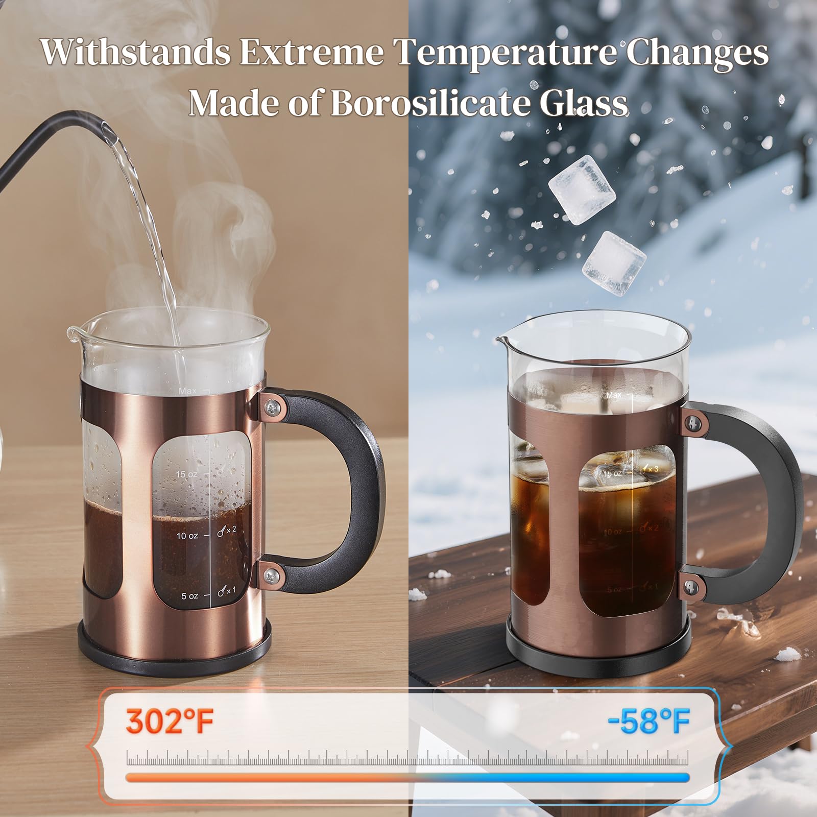 Veken French Press Coffee Maker 21oz 0.6 L, Single Serve Small Pot, Heat Resistant Thickened Borosilicate Glass, Stainless Steel Brewer, Cold Brew Cafetera Teapot for Kitchen Travel Camping, Copper