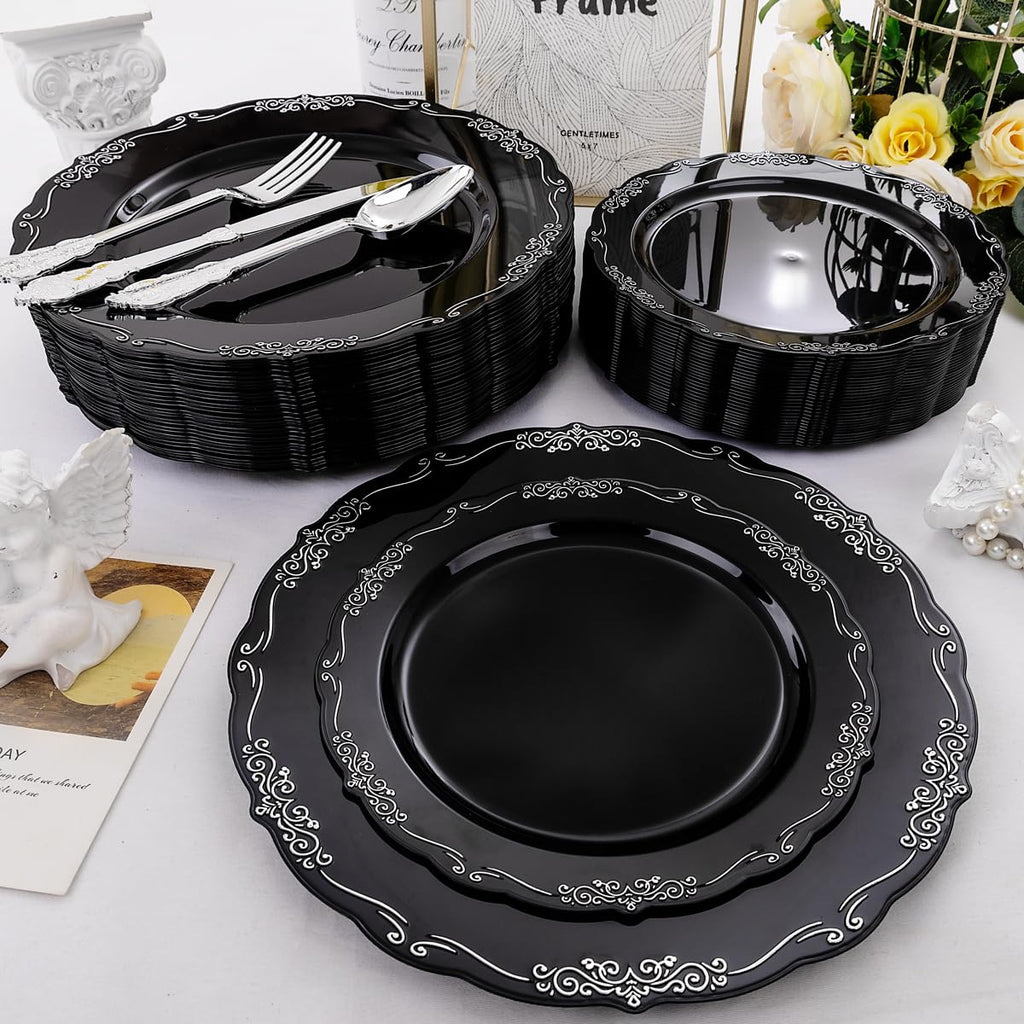 DaYammi 150Pcs Ivory Plastic Plates with Gold Rim,Disposable Plastic Plates Include 30 Dinner Plate,30 Salad Plate,30 Forks,30 Spoons,30 Knives,Ivory and Gold Plates for Party,Wedding,Mother's Day