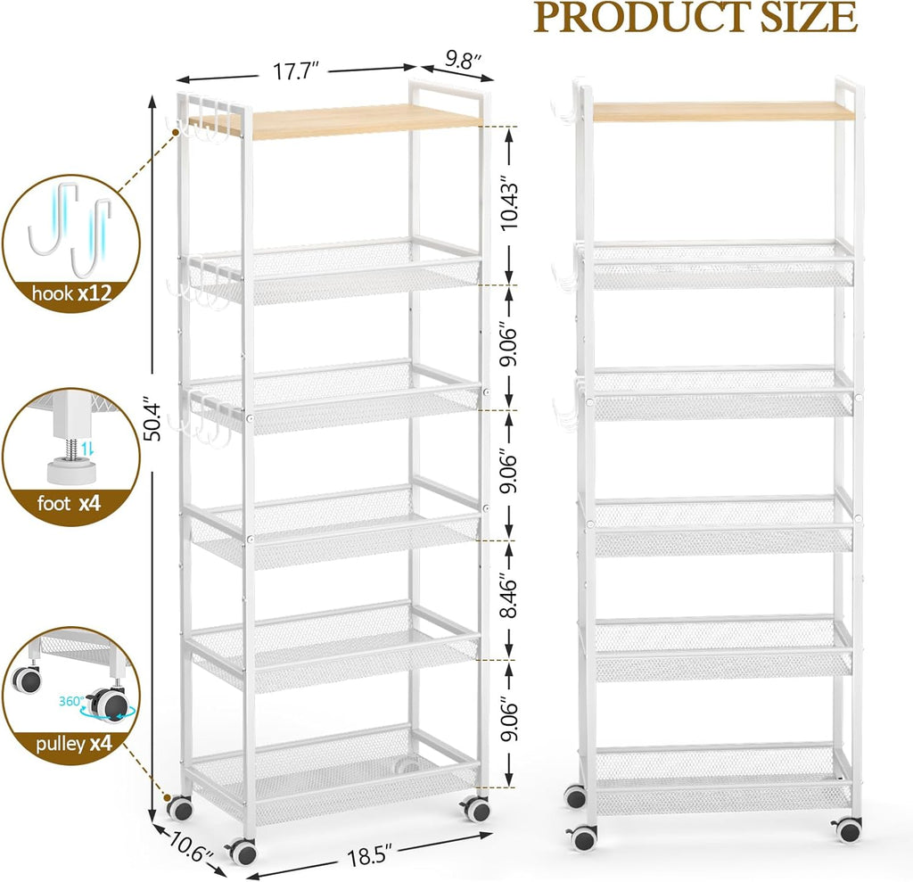 ThreeHio 6-Tier Closet Organizer and Storage Shelf with 12 Hooks, Tall Purse Rack for Closet with Lockable Wheels & Wooden Top, Heavy-Duty Rolling Handbag Stand Rack for Bedroom or Entryway, White