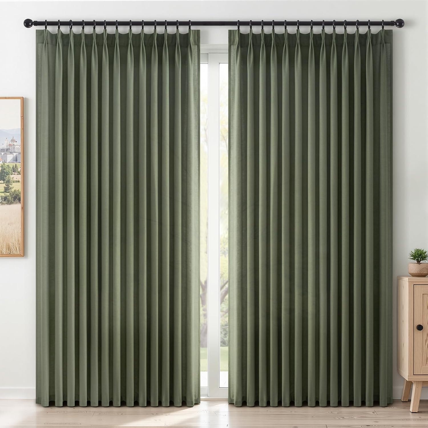 96 Inches Long Pleated Sheer Curtains,Dark Linen Blended Light Filtering Window Curtains 96 Length 2 Panels for Living Room Bedroom Pinch Pleat Drapes with Hooks 2 Panels 40" Wx96 L,Light Brown
