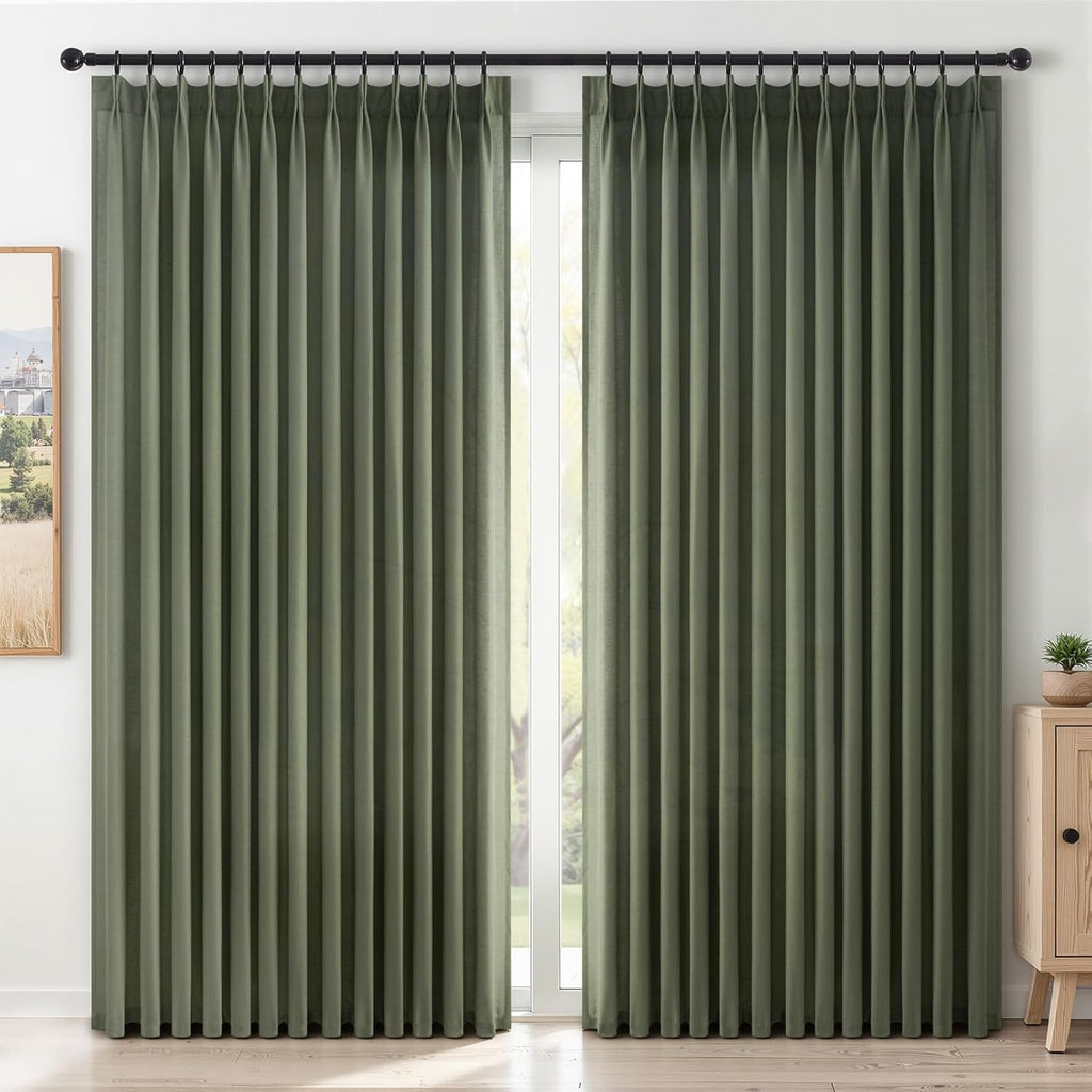 96 Inches Long Pleated Sheer Curtains,Dark Linen Blended Light Filtering Window Curtains 96 Length 2 Panels for Living Room Bedroom Pinch Pleat Drapes with Hooks 2 Panels 40" Wx96 L,Light Brown