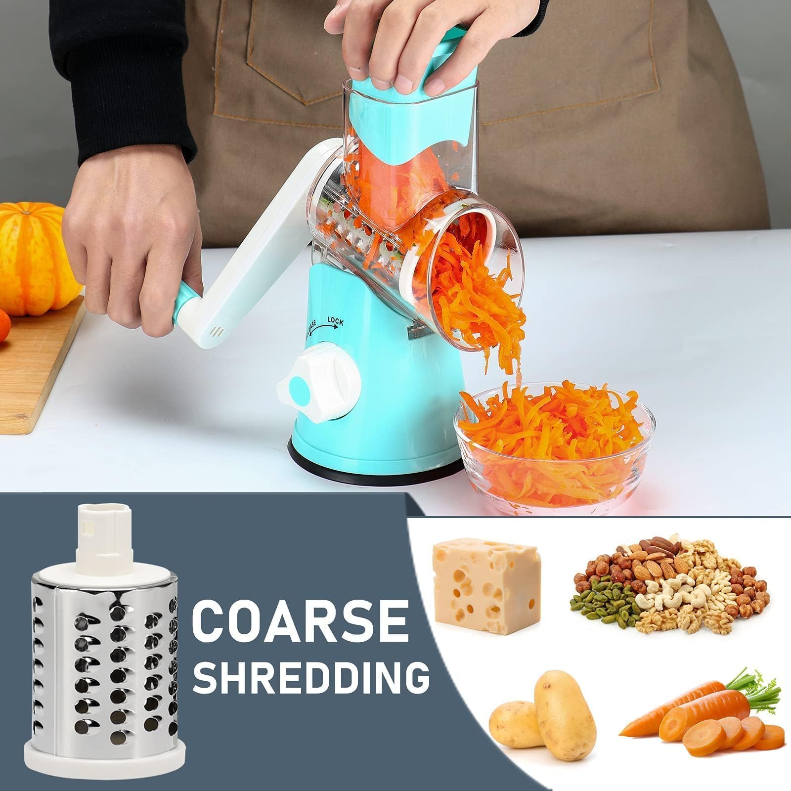 KEOUKE Rotary Cheese Grater Hand Crank Light Blue - Shredder Slicer Grinder 3 Stainless Steel Blades, Stable Suction, Labor-Saving Handle, Safe Kitchen Tool for Cheese, Vegetable, Nuts, Chocolate