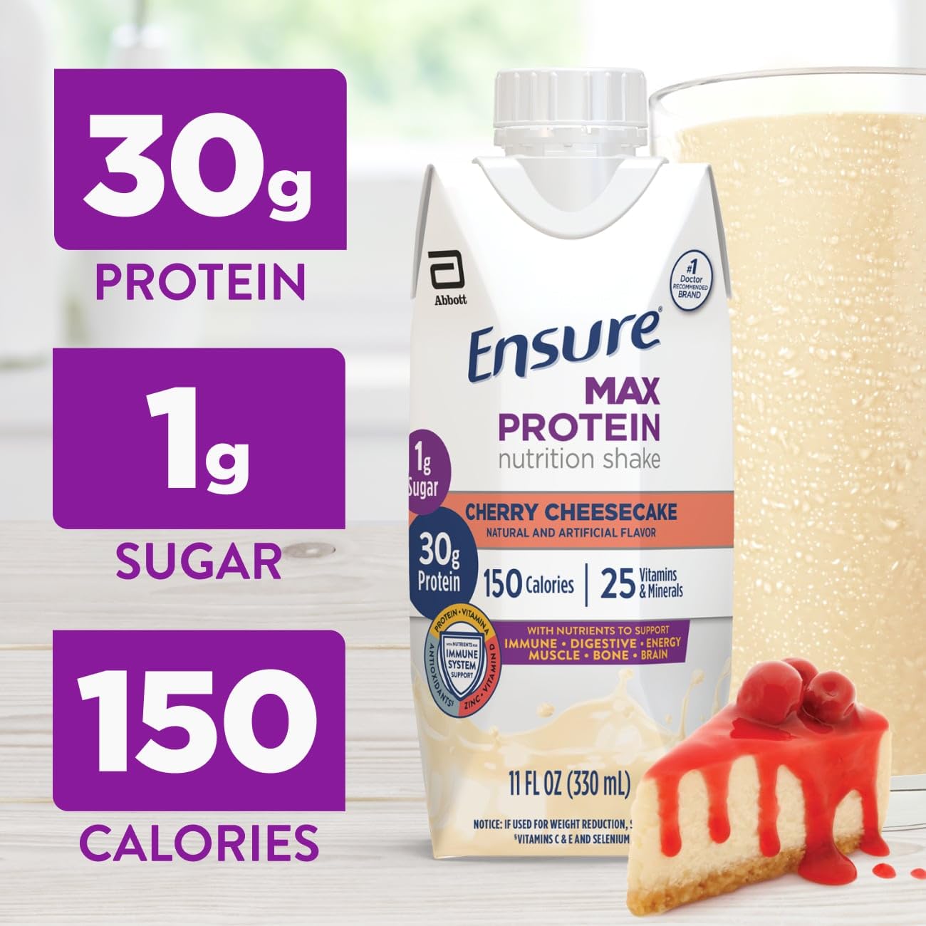 Ensure Max Protein Shake | French Vanilla | Ready to Drink | 30g Protein for Muscle Health | 1g Sugar, 4g Fiber | 11 fl oz, 12 Pack