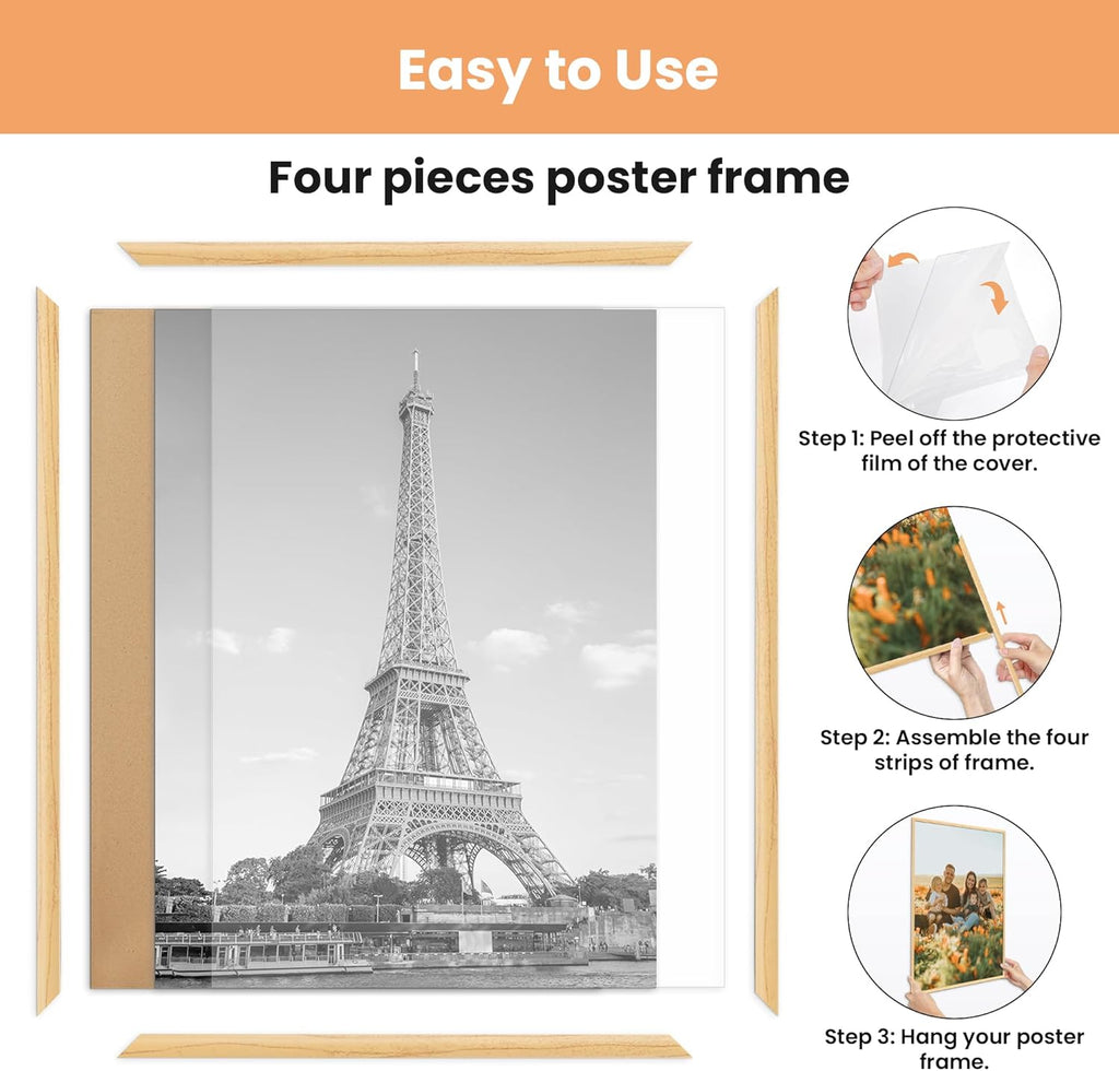 upsimples 16x20 Picture Frame Natural 3 Pack, Scratch-Proof Poster Frames 16 x 20 for Photo Gallery - Slide-In Strips, Horizontal or Vertical Wall Mounting